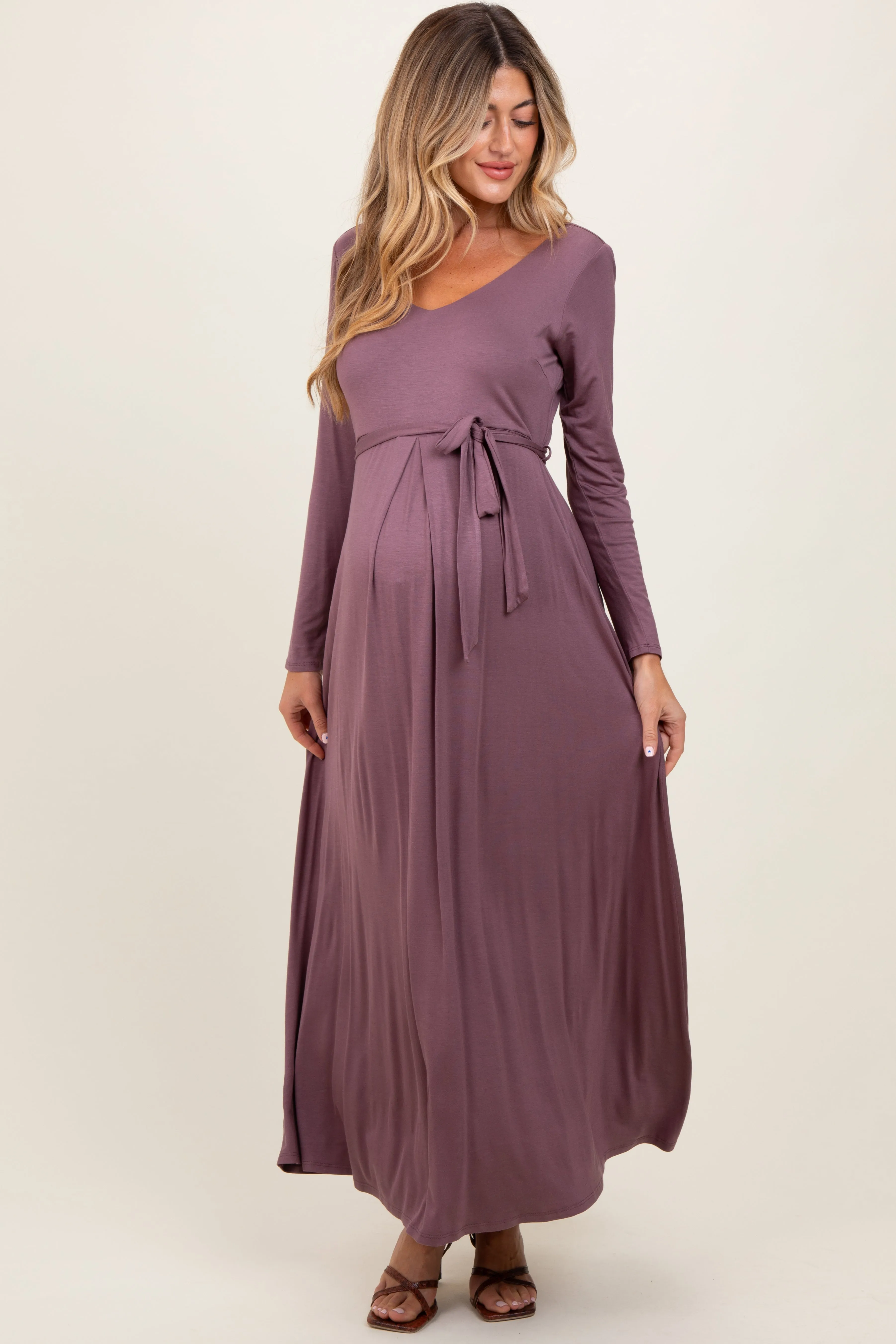 Mauve V-Neck Long Sleeve Sash Tie Maternity Maxi Dress sold by Pinkblush