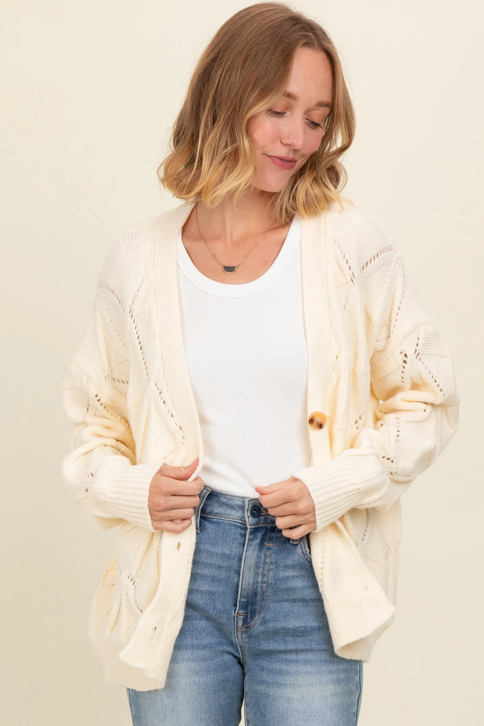 Ivory Textured Button Up Sweater Cardigan sold by Pinkblush