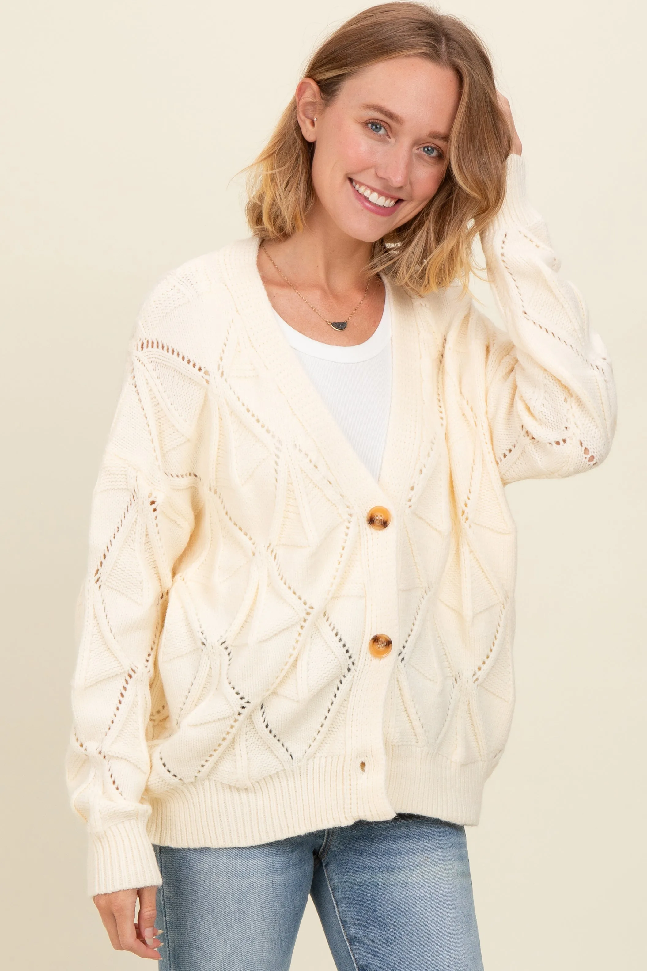 Ivory Textured Button Up Sweater Cardigan sold by Pinkblush product image thumbnail 2