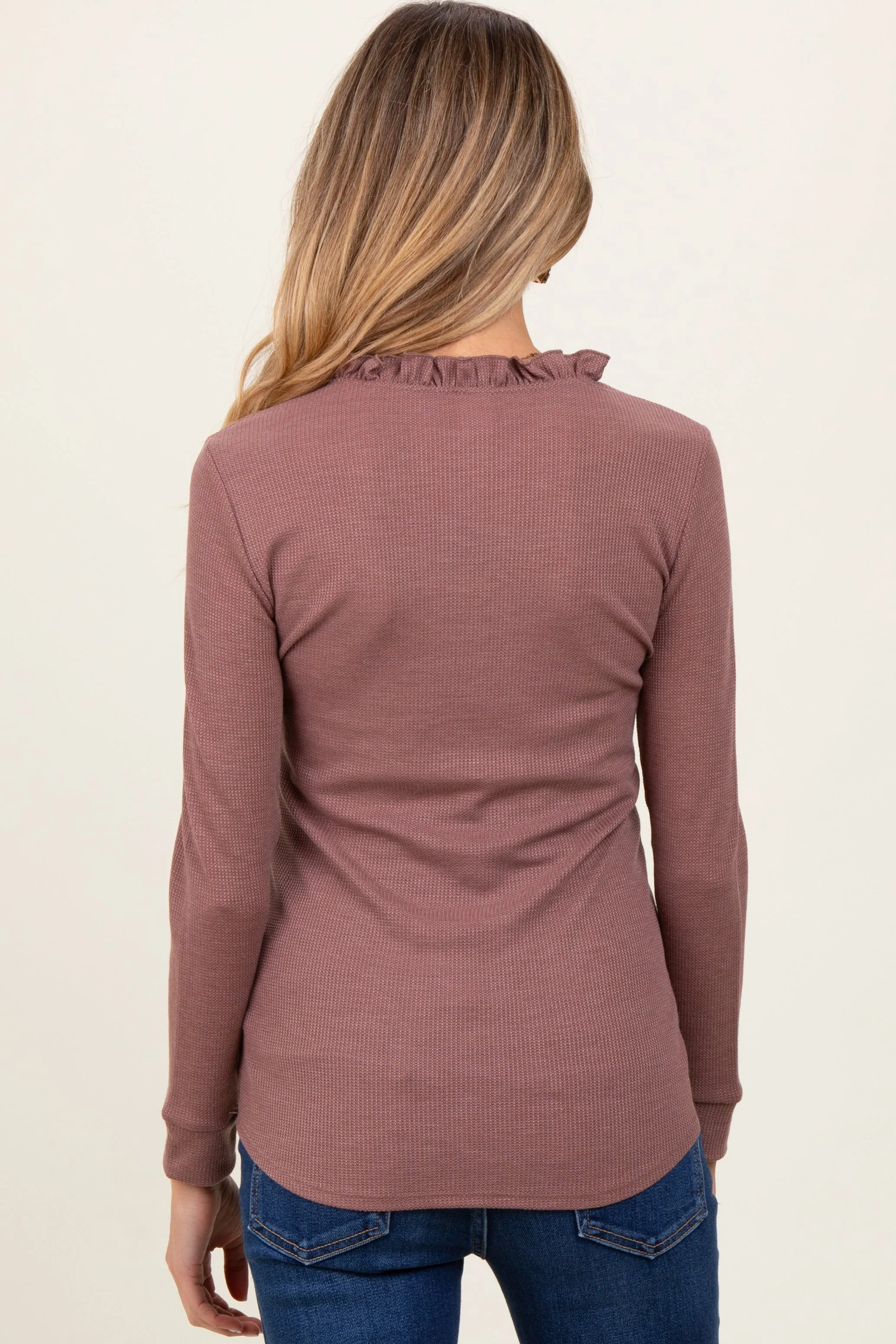 Plum Ruffle Collar Micro Waffle Knit Maternity Henley Top sold by Pinkblush product image thumbnail 3