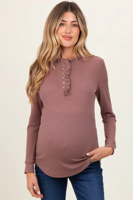Plum Ruffle Collar Micro Waffle Knit Maternity Henley Top sold by Pinkblush