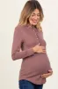 Plum Ruffle Collar Micro Waffle Knit Maternity Henley Top sold by Pinkblush