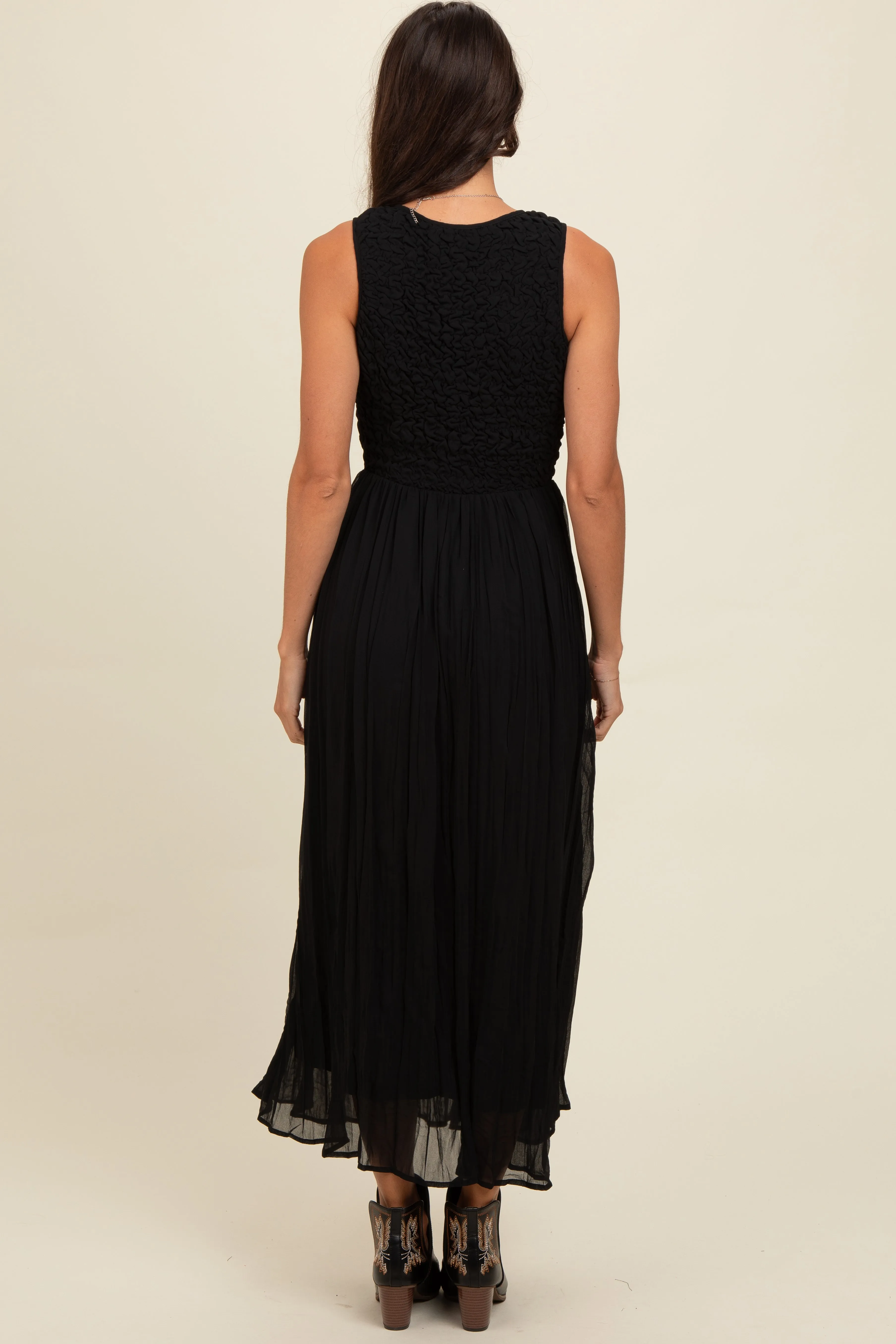 Black Textured Smocked Bodice Sleeveless Maxi Dress sold by Pinkblush product image thumbnail 3