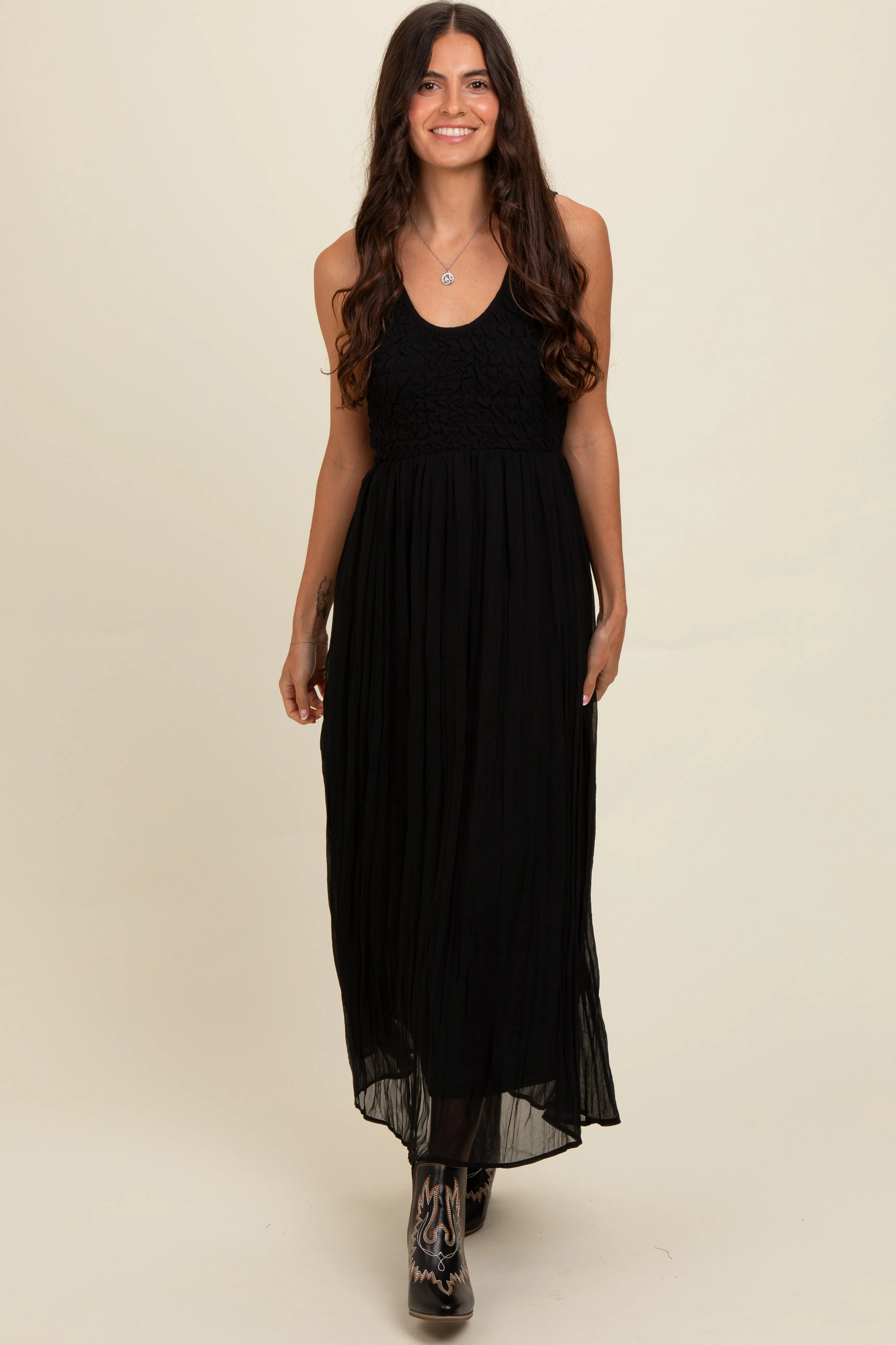 Black Textured Smocked Bodice Sleeveless Maxi Dress sold by Pinkblush