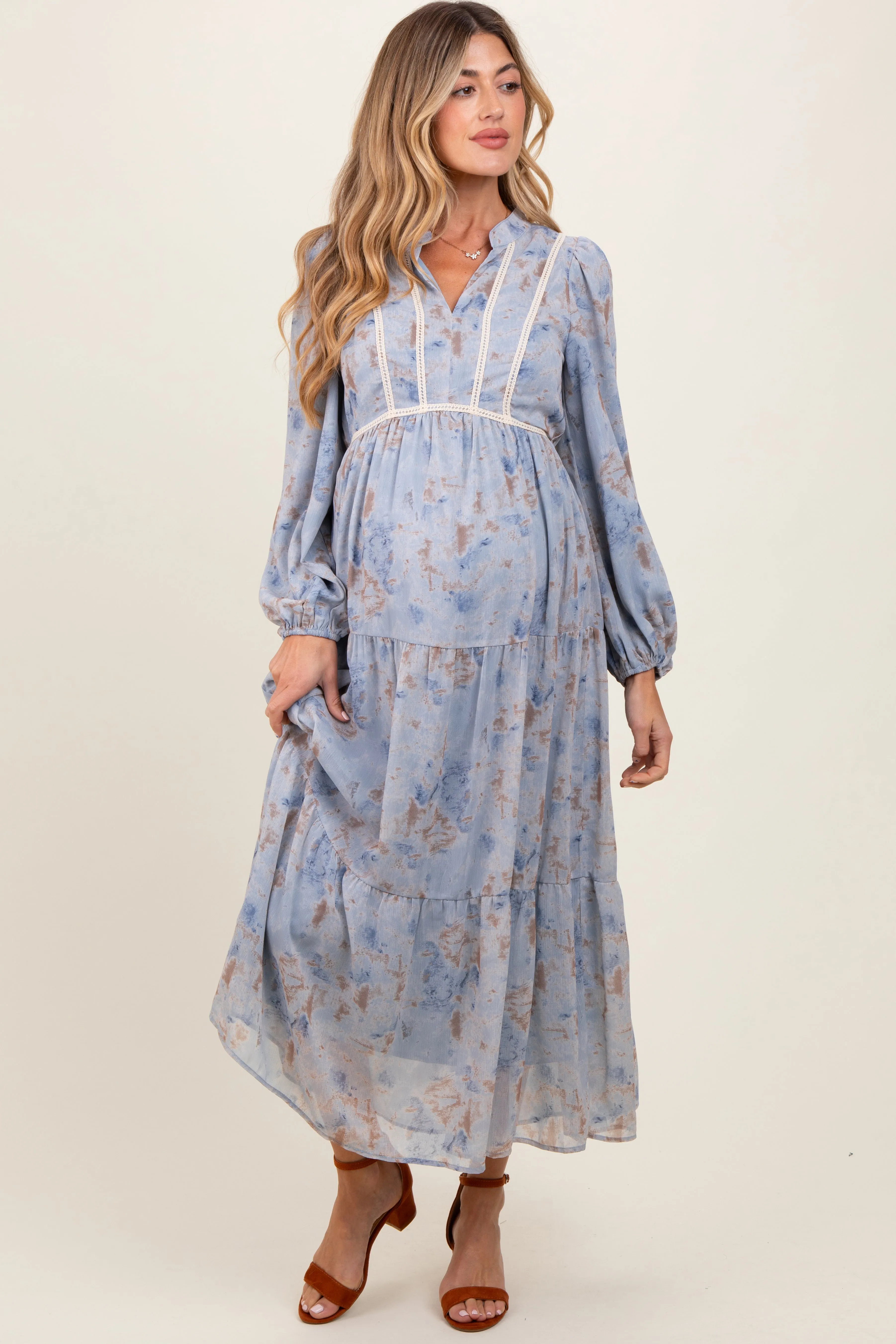 Light Blue Floral Lace Trim Maternity Maxi Dress sold by Pinkblush