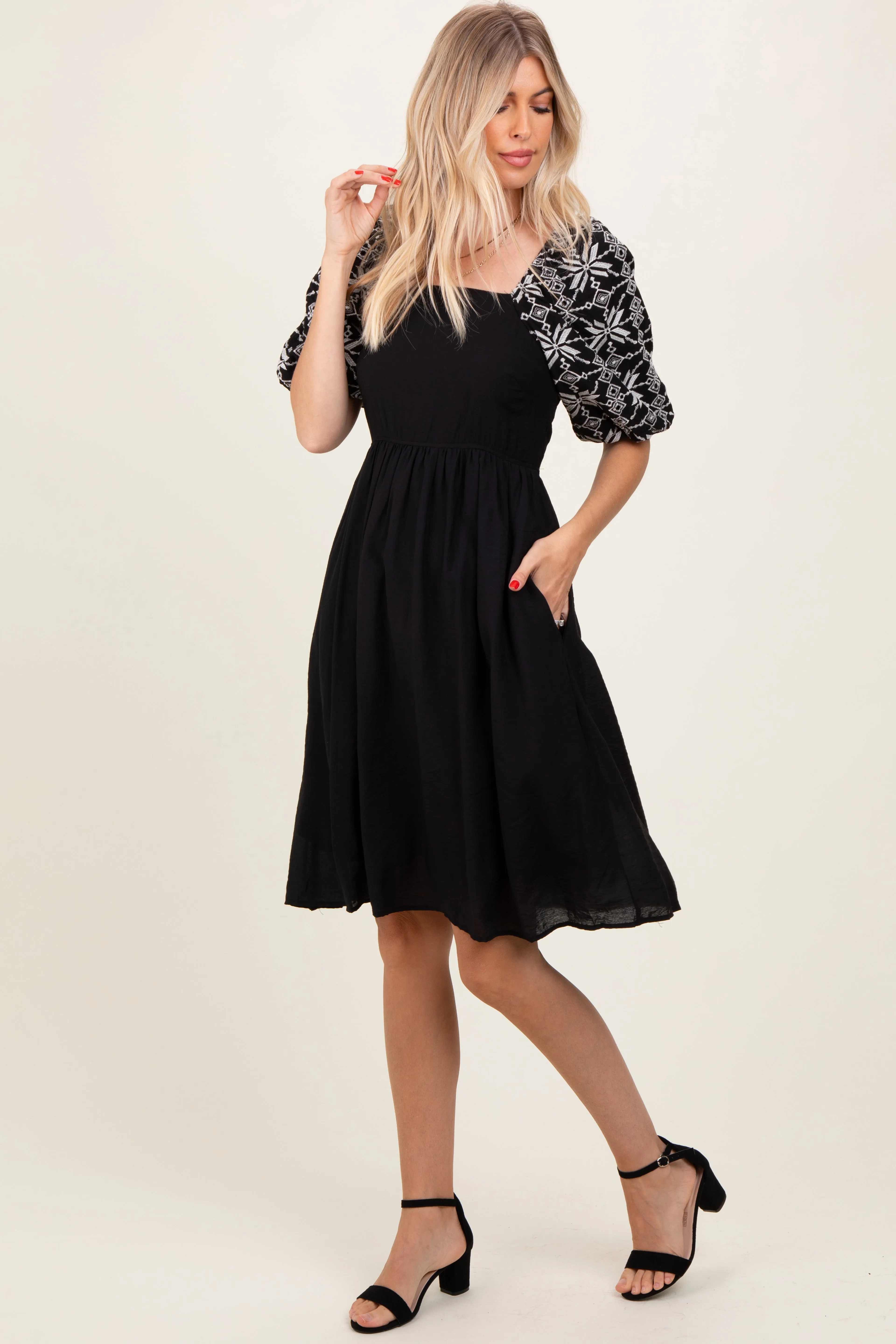 Black Embroidered Puff Short Sleeve Square Neck Dress sold by Pinkblush product image thumbnail 2