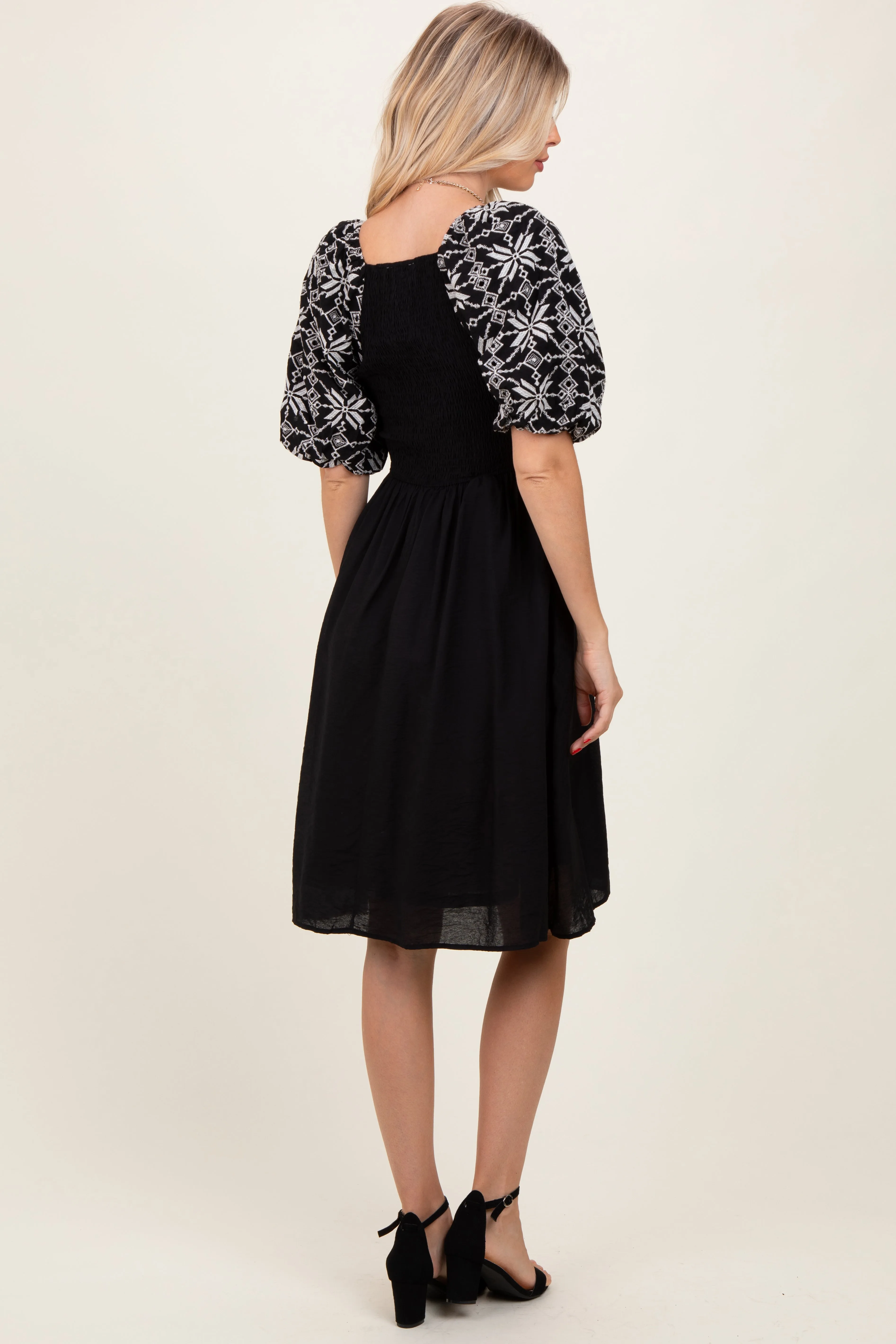 Black Embroidered Puff Short Sleeve Square Neck Dress sold by Pinkblush product image thumbnail 3