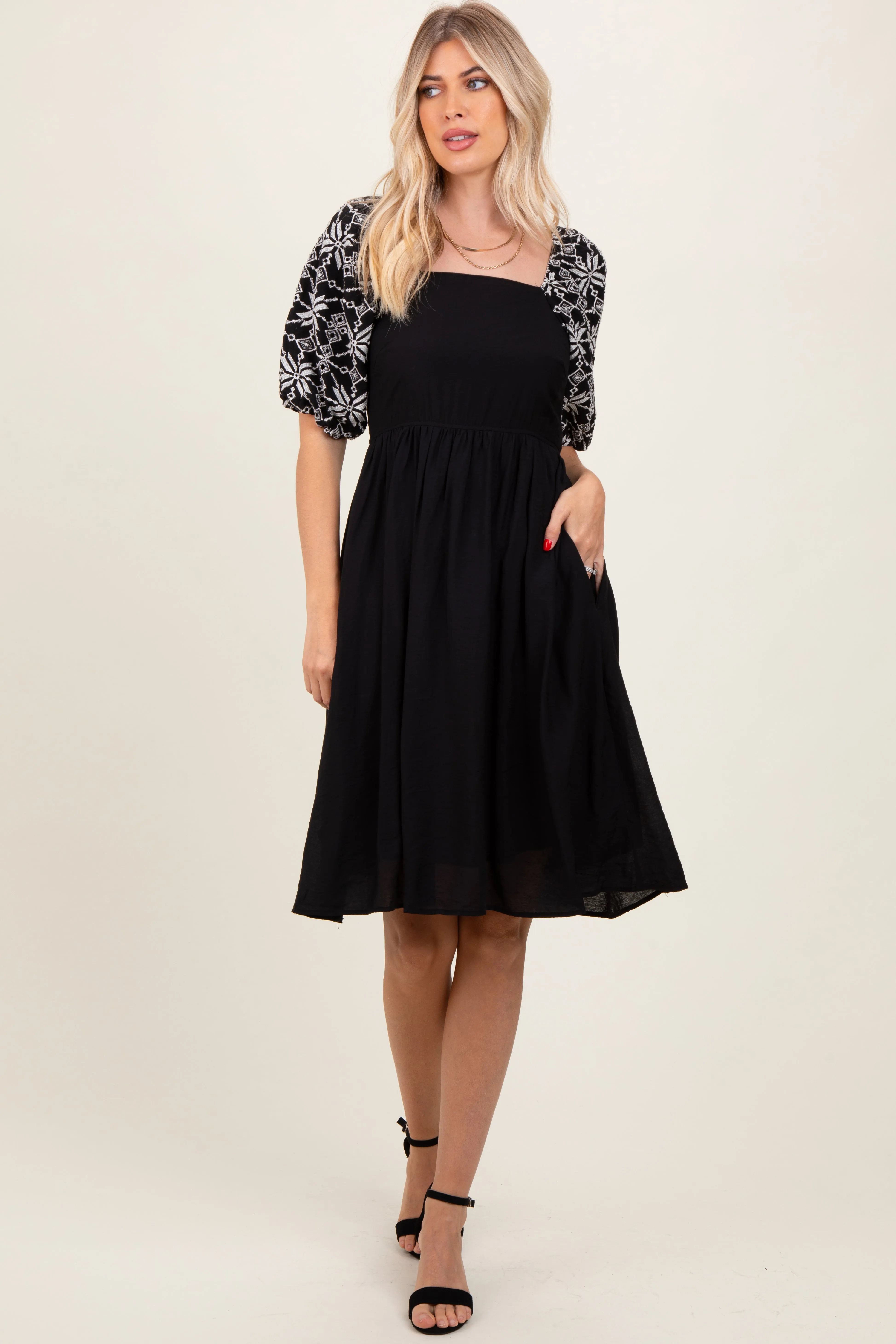 Black Embroidered Puff Short Sleeve Square Neck Dress sold by Pinkblush product image thumbnail 4