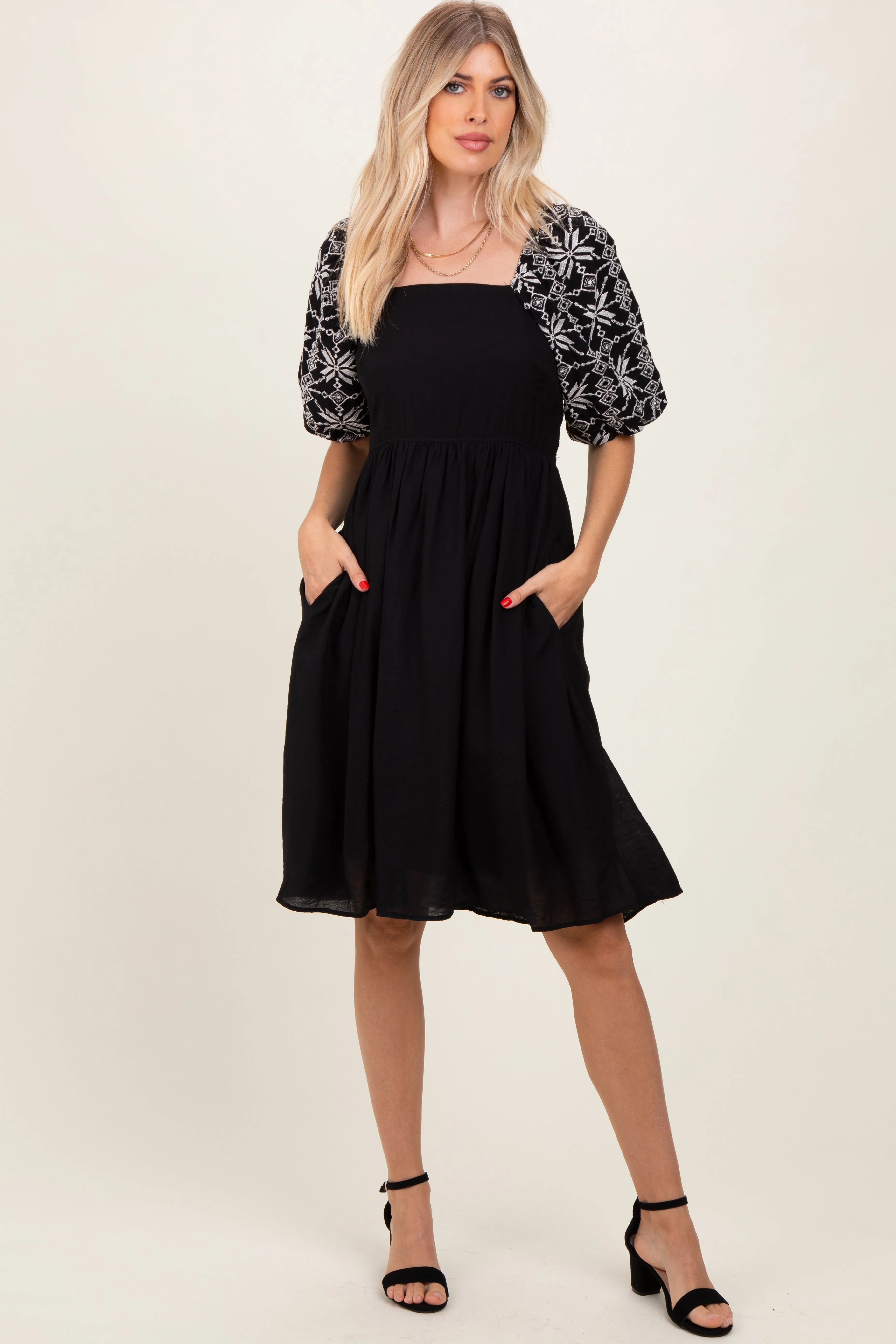 Black Embroidered Puff Short Sleeve Square Neck Dress sold by Pinkblush