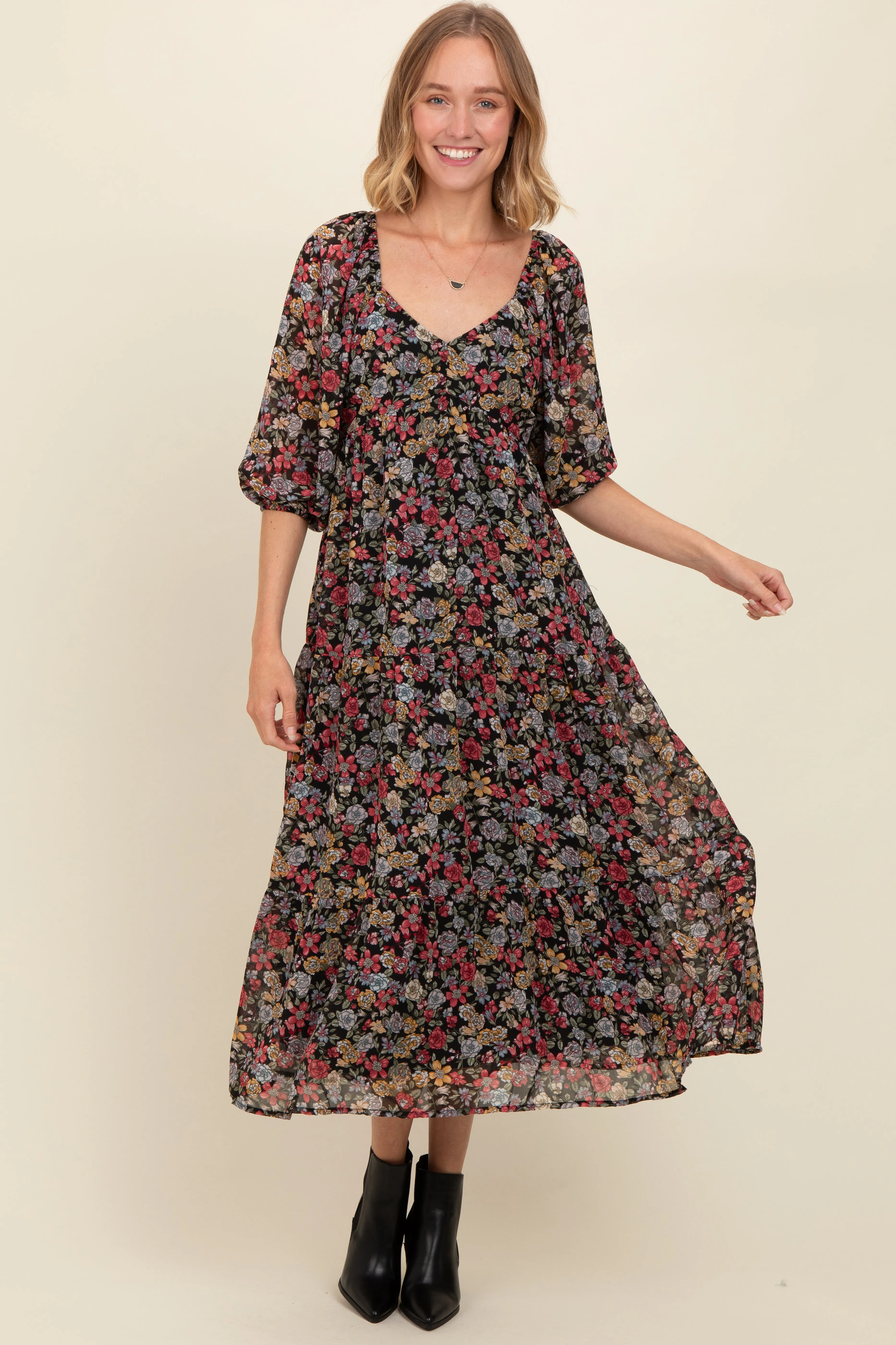 Black Floral Empire Waist Maxi Dress sold by Pinkblush