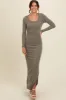Olive Ribbed Long Sleeve Side Slit Maxi Dress sold by Pinkblush