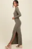 Olive Ribbed Long Sleeve Side Slit Maxi Dress sold by Pinkblush