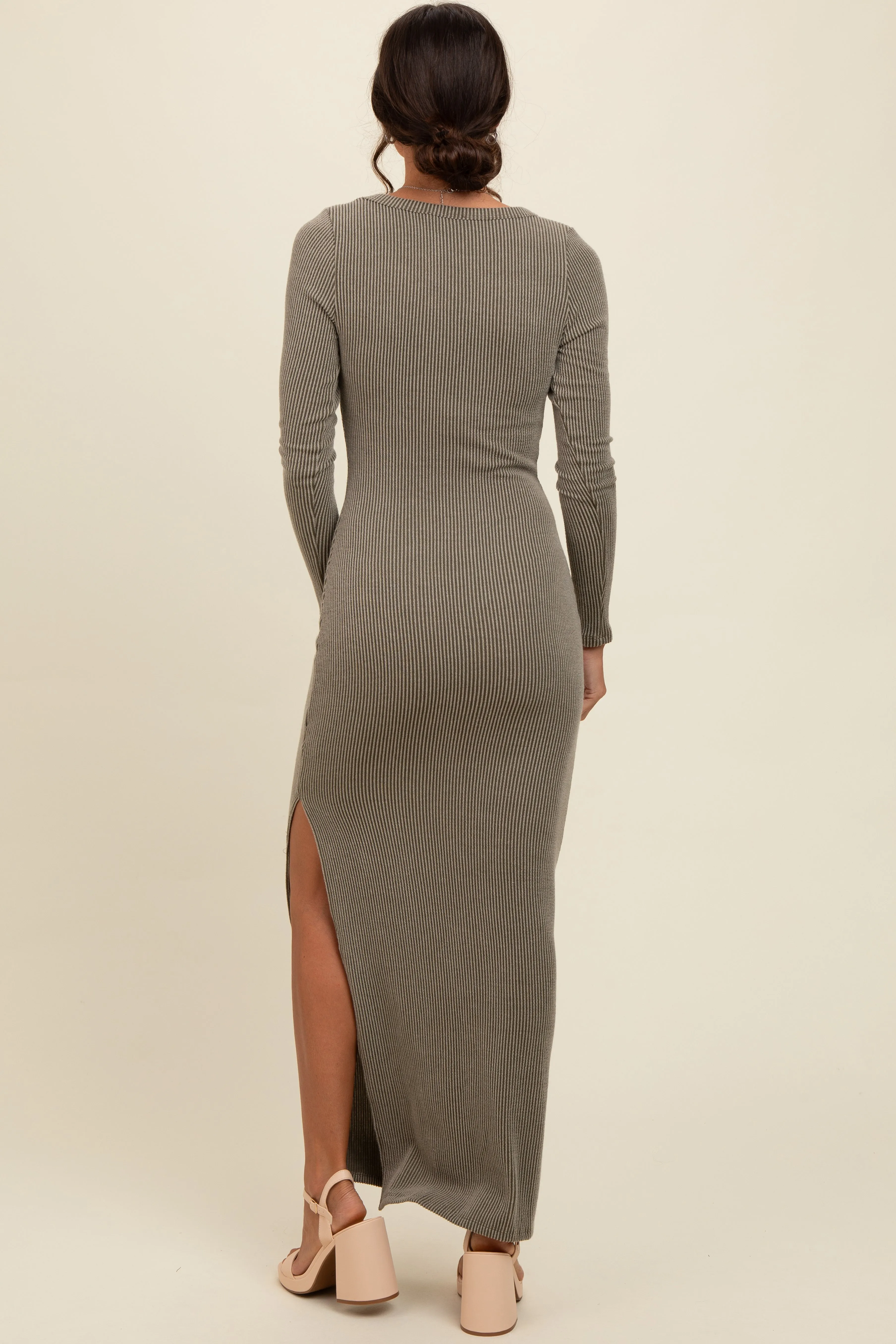 Olive Ribbed Long Sleeve Side Slit Maxi Dress sold by Pinkblush product image thumbnail 3