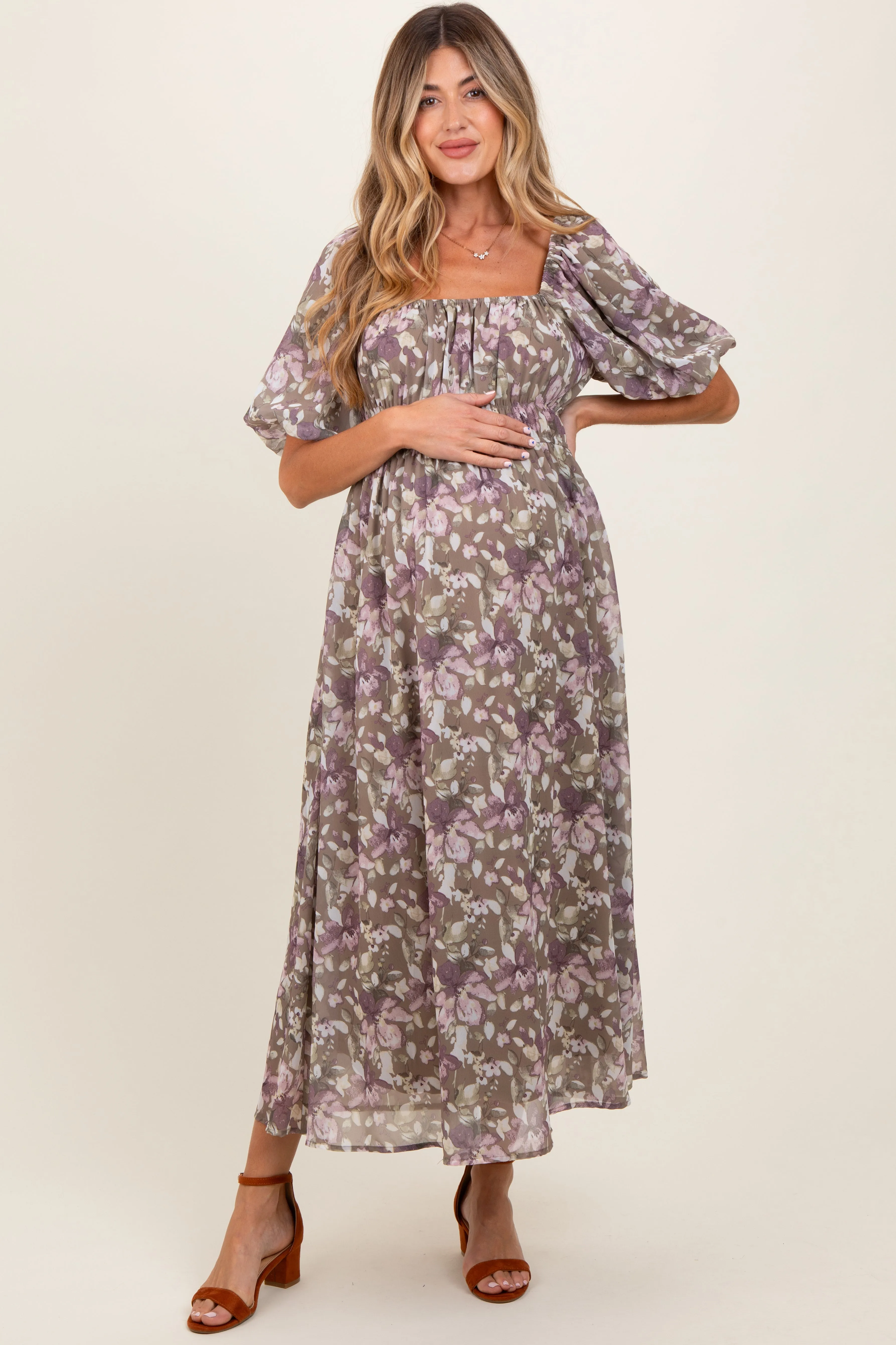 Taupe Floral Square Neck Short Puff Sleeve Maternity Midi Dress sold by Pinkblush