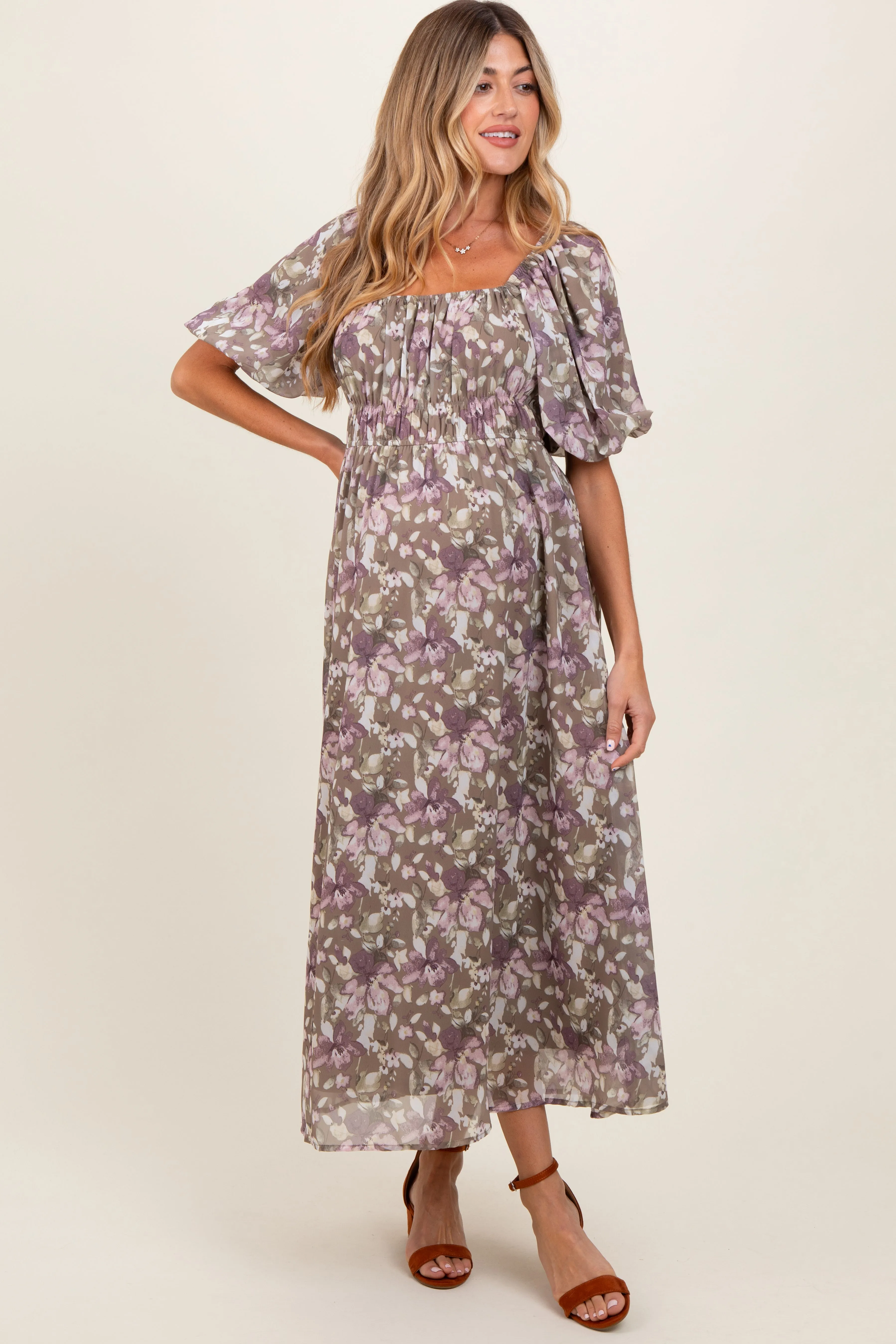 Taupe Floral Square Neck Short Puff Sleeve Maternity Midi Dress sold by Pinkblush product image thumbnail 2