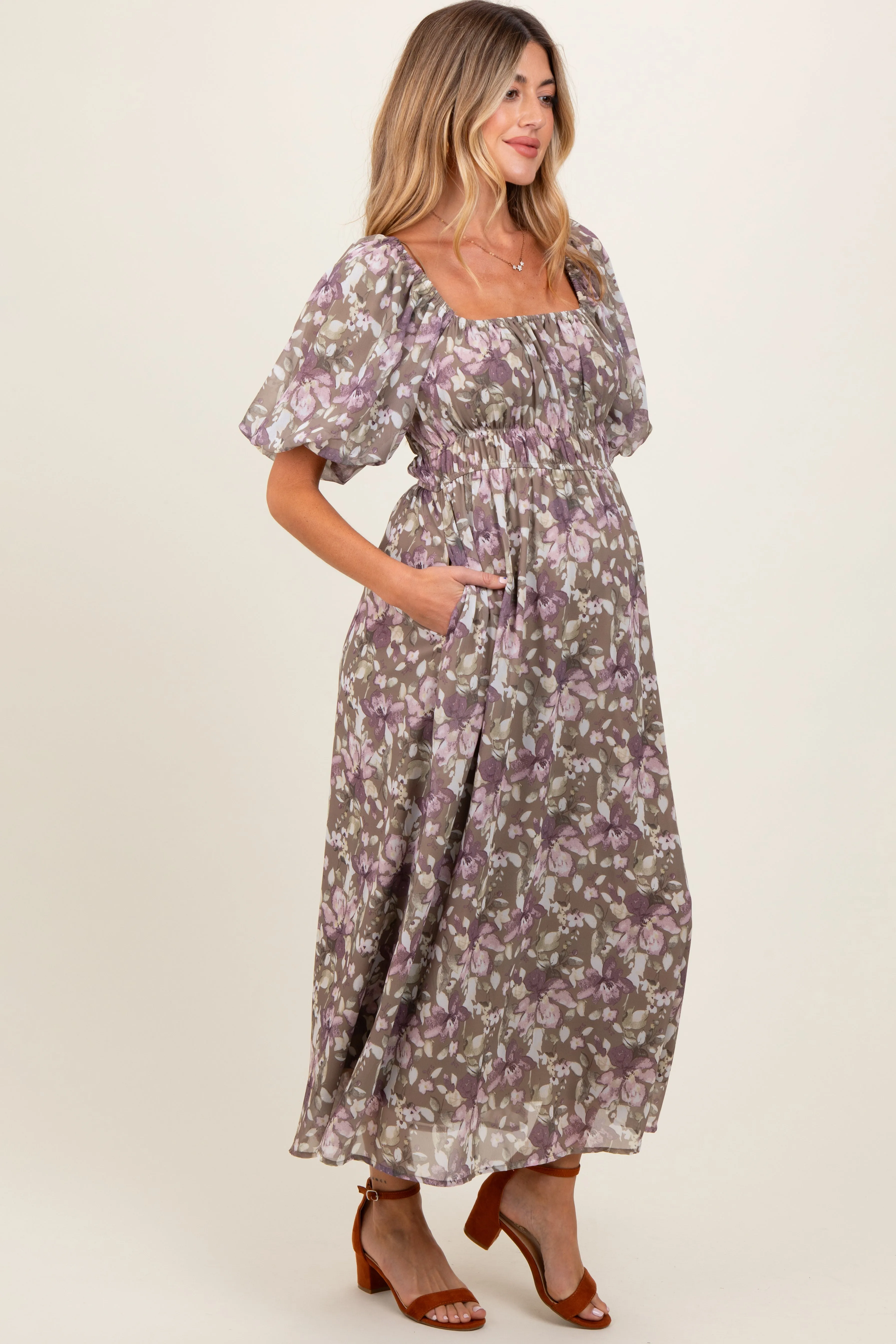 Taupe Floral Square Neck Short Puff Sleeve Maternity Midi Dress sold by Pinkblush product image thumbnail 3