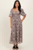 Taupe Floral Square Neck Short Puff Sleeve Midi Dress sold by Pinkblush