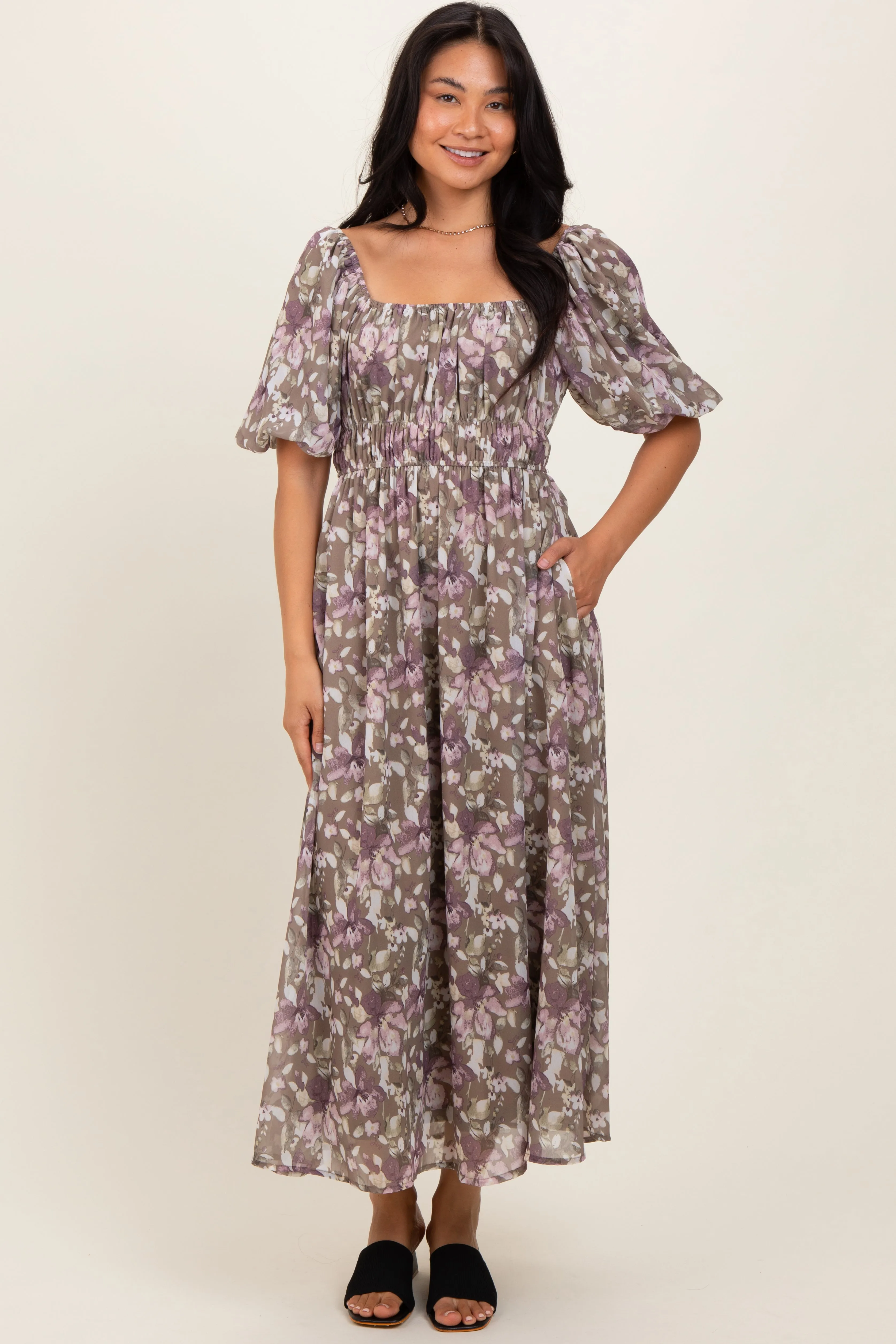Taupe Floral Square Neck Short Puff Sleeve Midi Dress sold by Pinkblush product image thumbnail 2