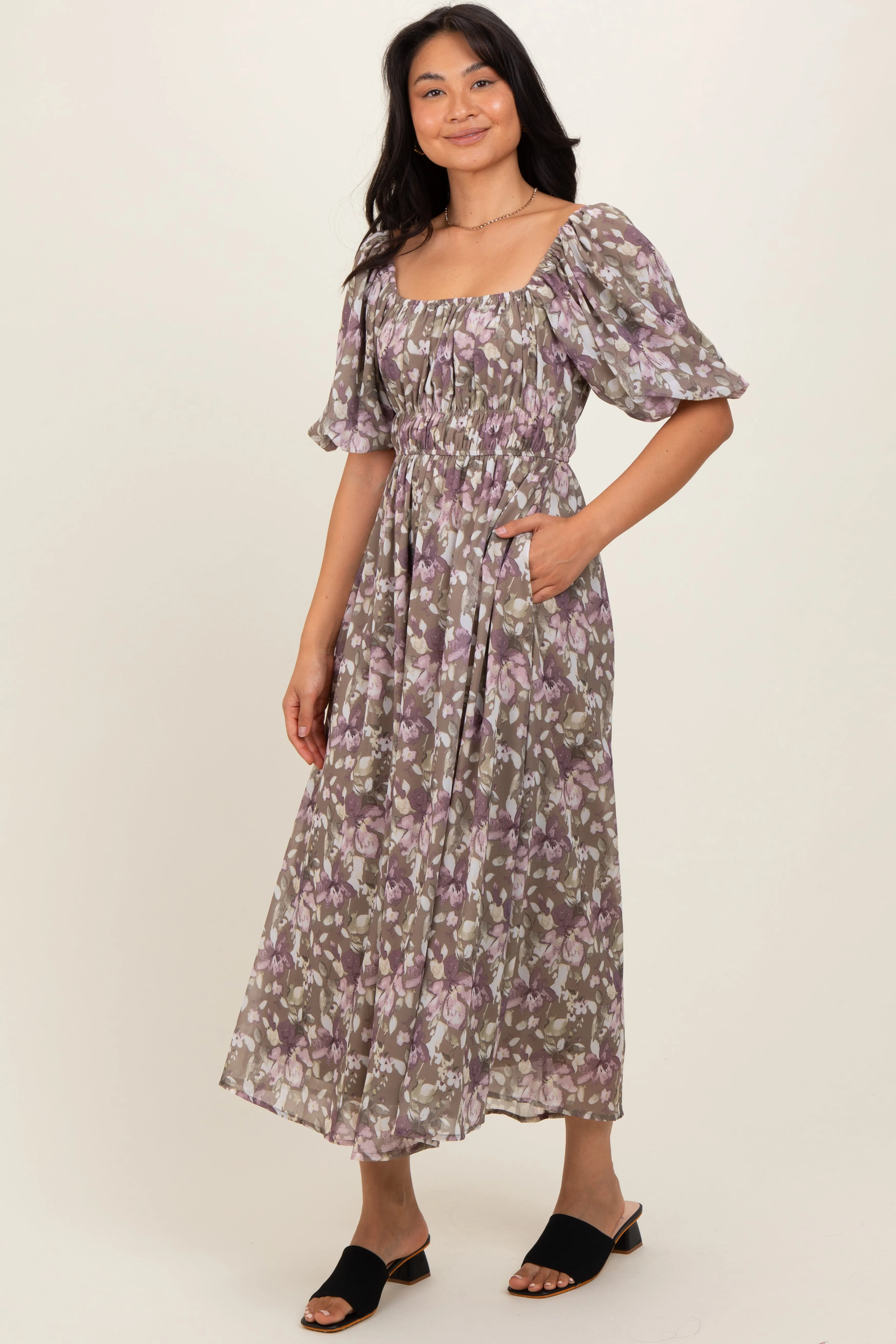 Taupe Floral Square Neck Short Puff Sleeve Midi Dress sold by Pinkblush product image thumbnail 3