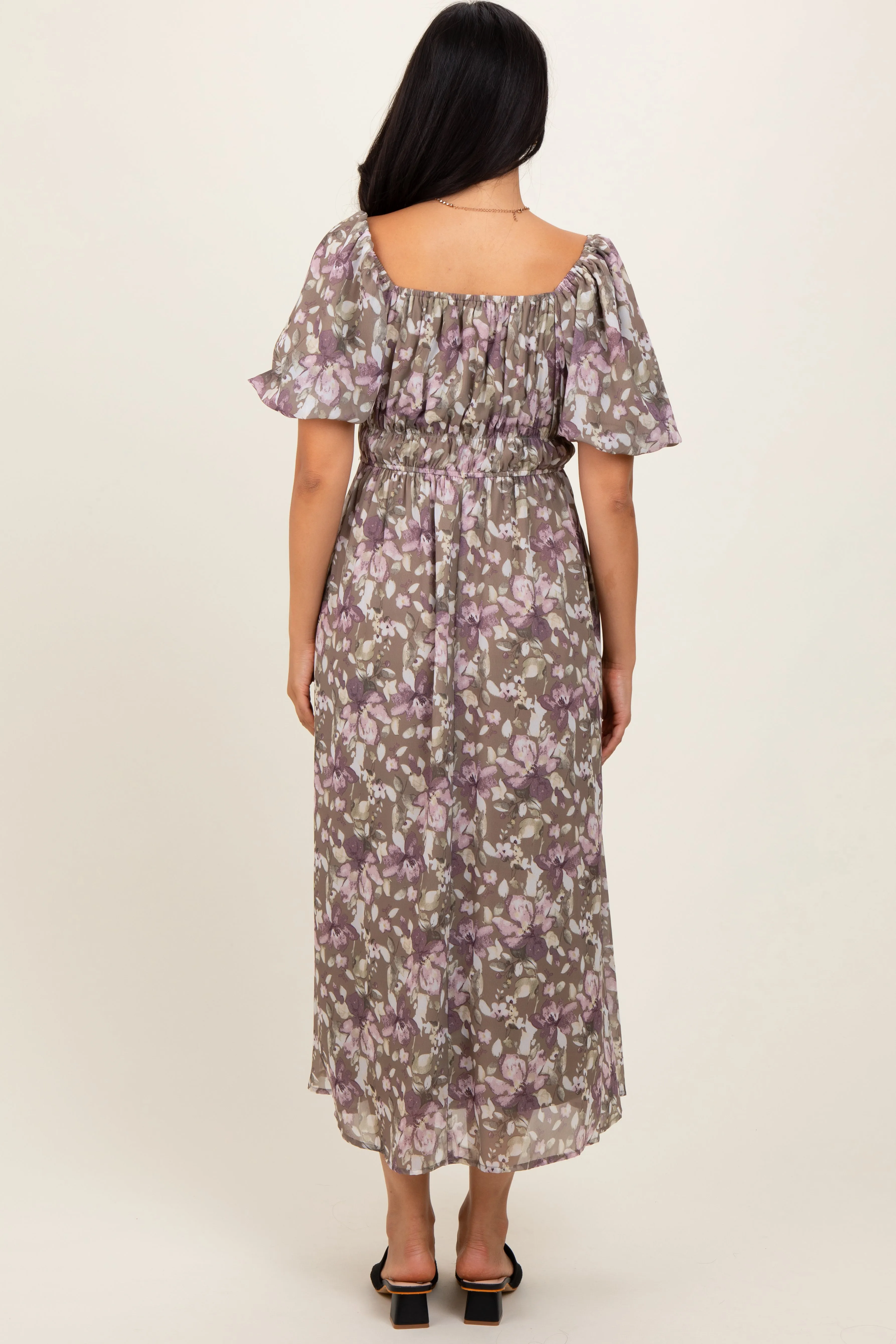 Taupe Floral Square Neck Short Puff Sleeve Midi Dress sold by Pinkblush product image thumbnail 4