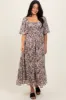 Taupe Floral Square Neck Short Puff Sleeve Midi Dress sold by Pinkblush