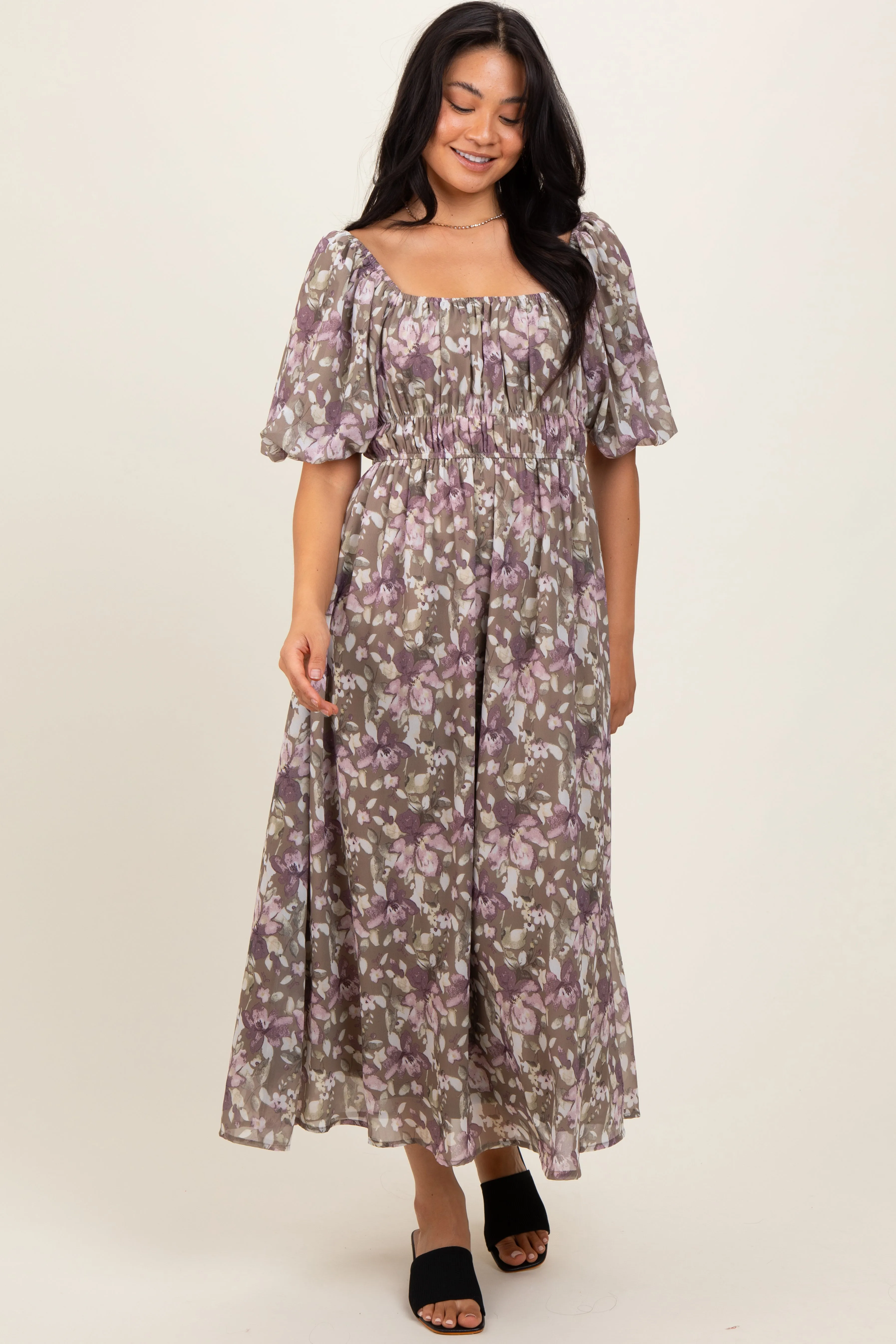Taupe Floral Square Neck Short Puff Sleeve Midi Dress sold by Pinkblush