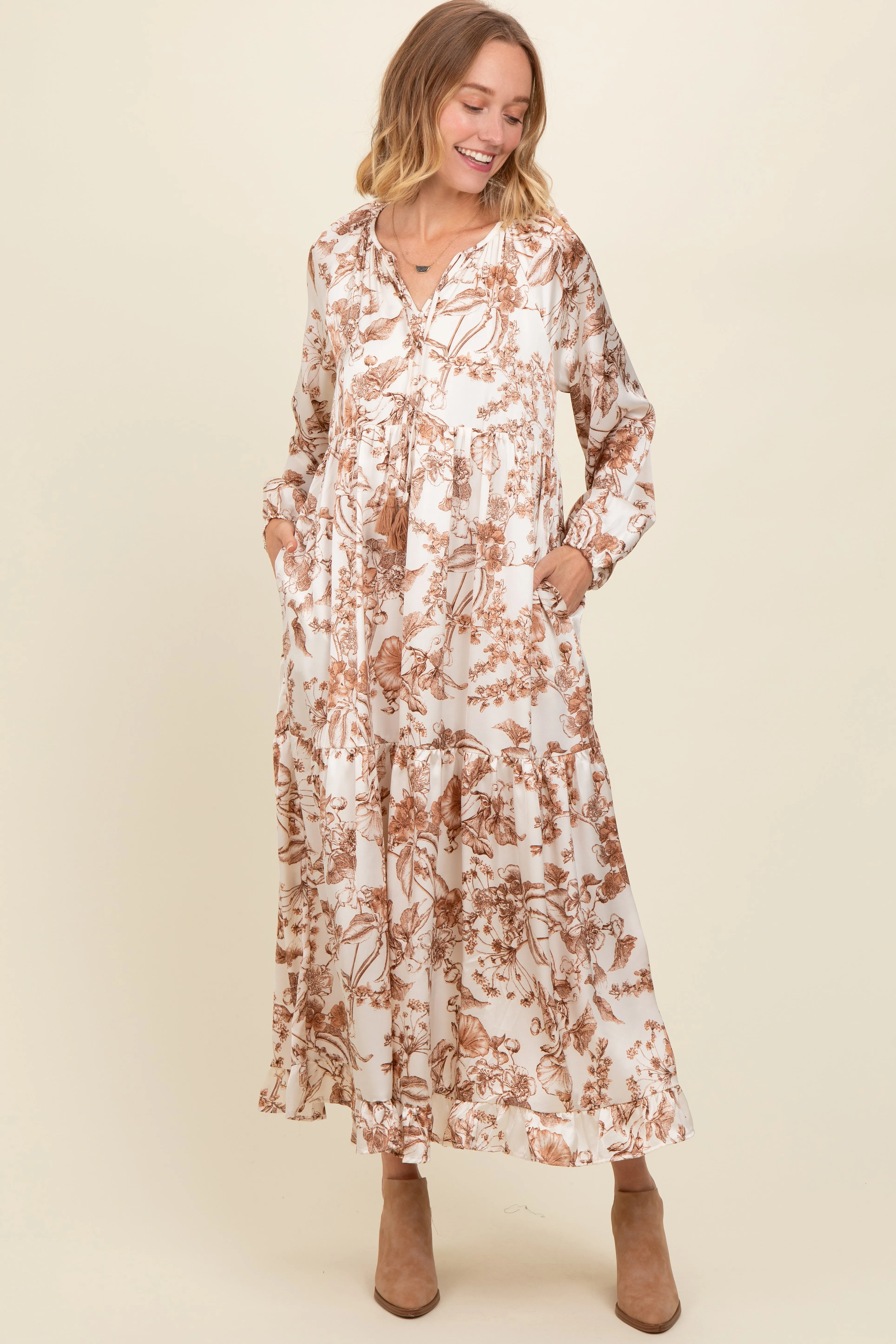 Brown Floral Tassel Tie Front Maxi Dress sold by Pinkblush