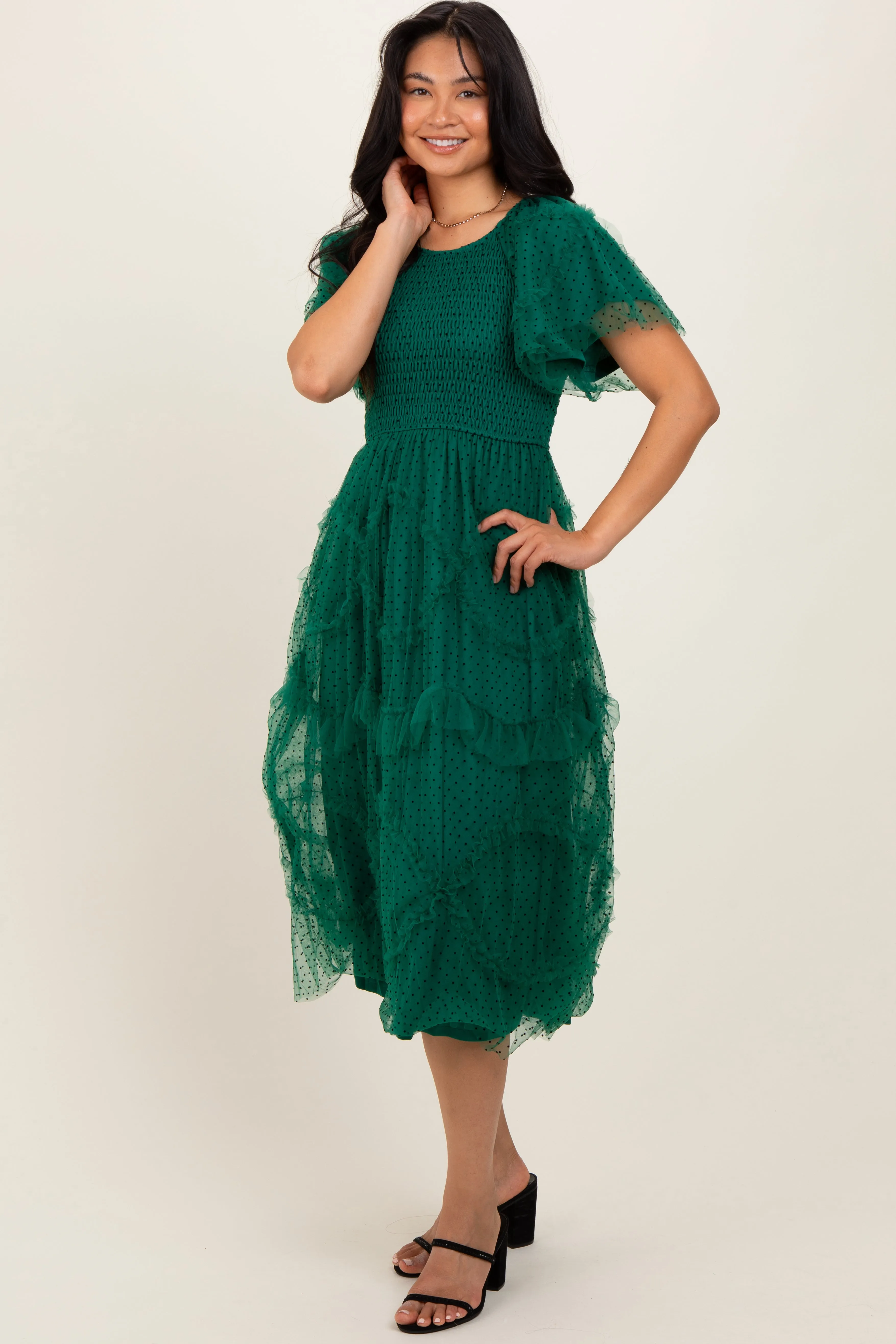 Hunter Green Smocked Ruffled Mesh Midi Dress sold by Pinkblush product image thumbnail 3