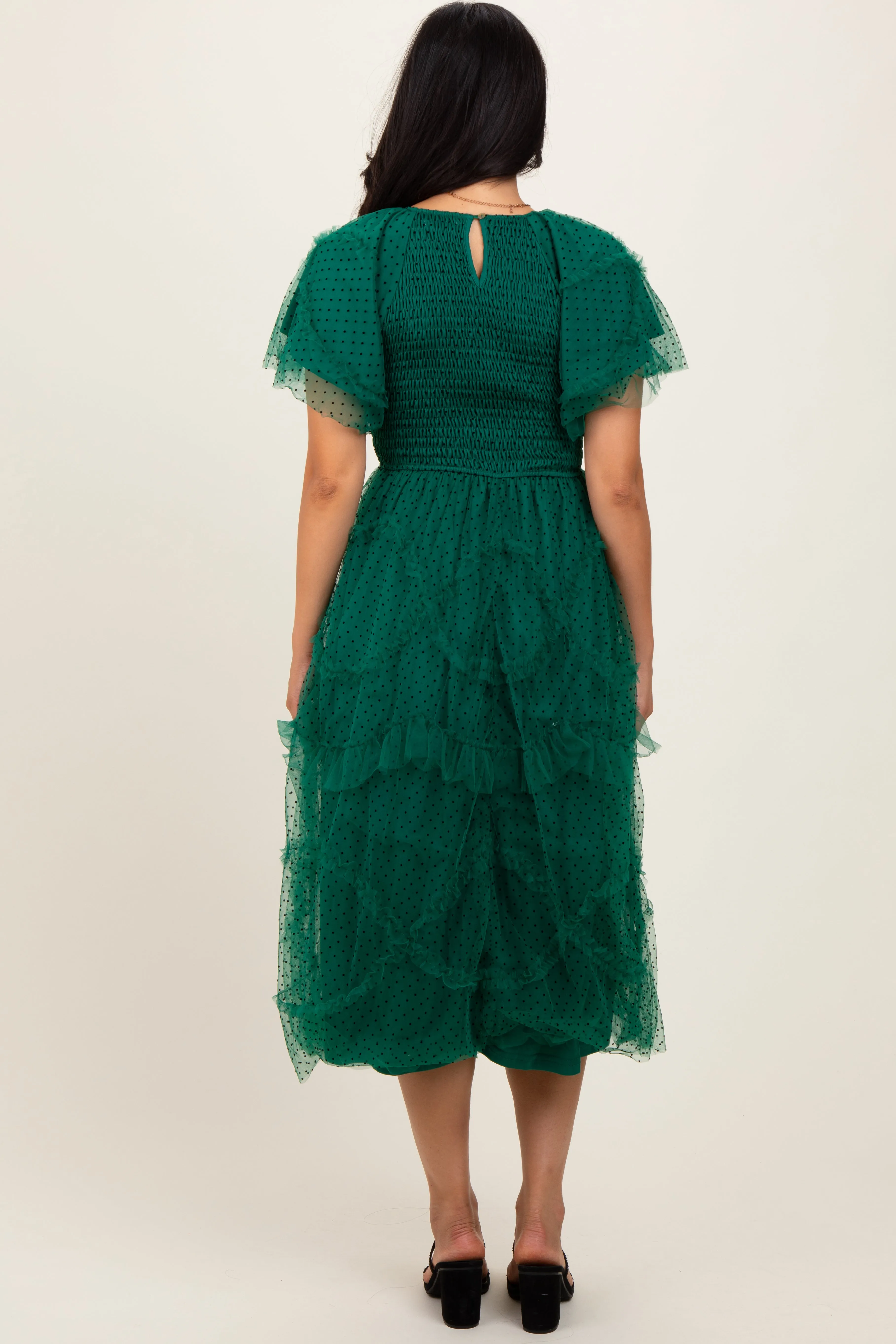Hunter Green Smocked Ruffled Mesh Midi Dress sold by Pinkblush product image thumbnail 4