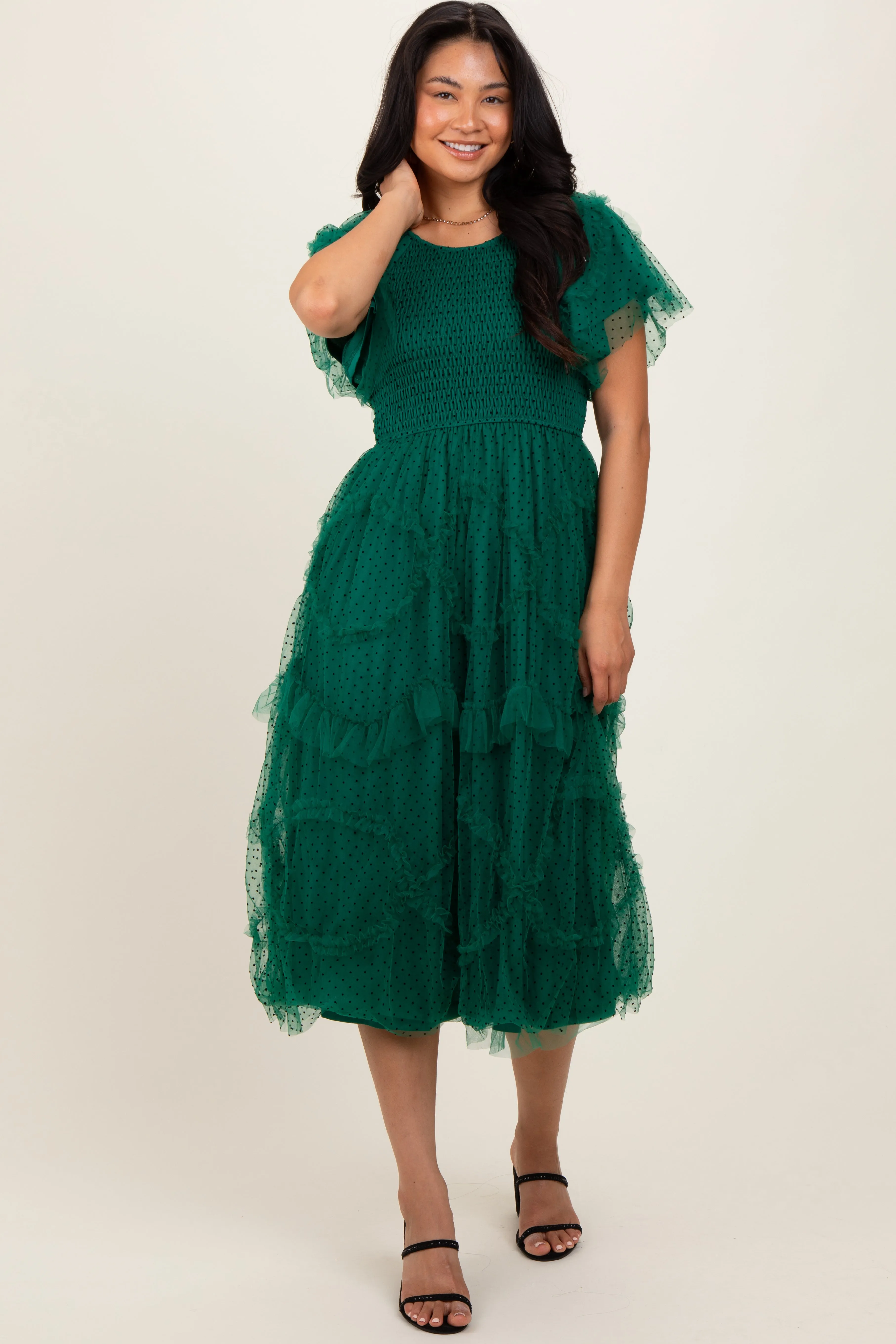 Hunter Green Smocked Ruffled Mesh Midi Dress sold by Pinkblush product image thumbnail 2