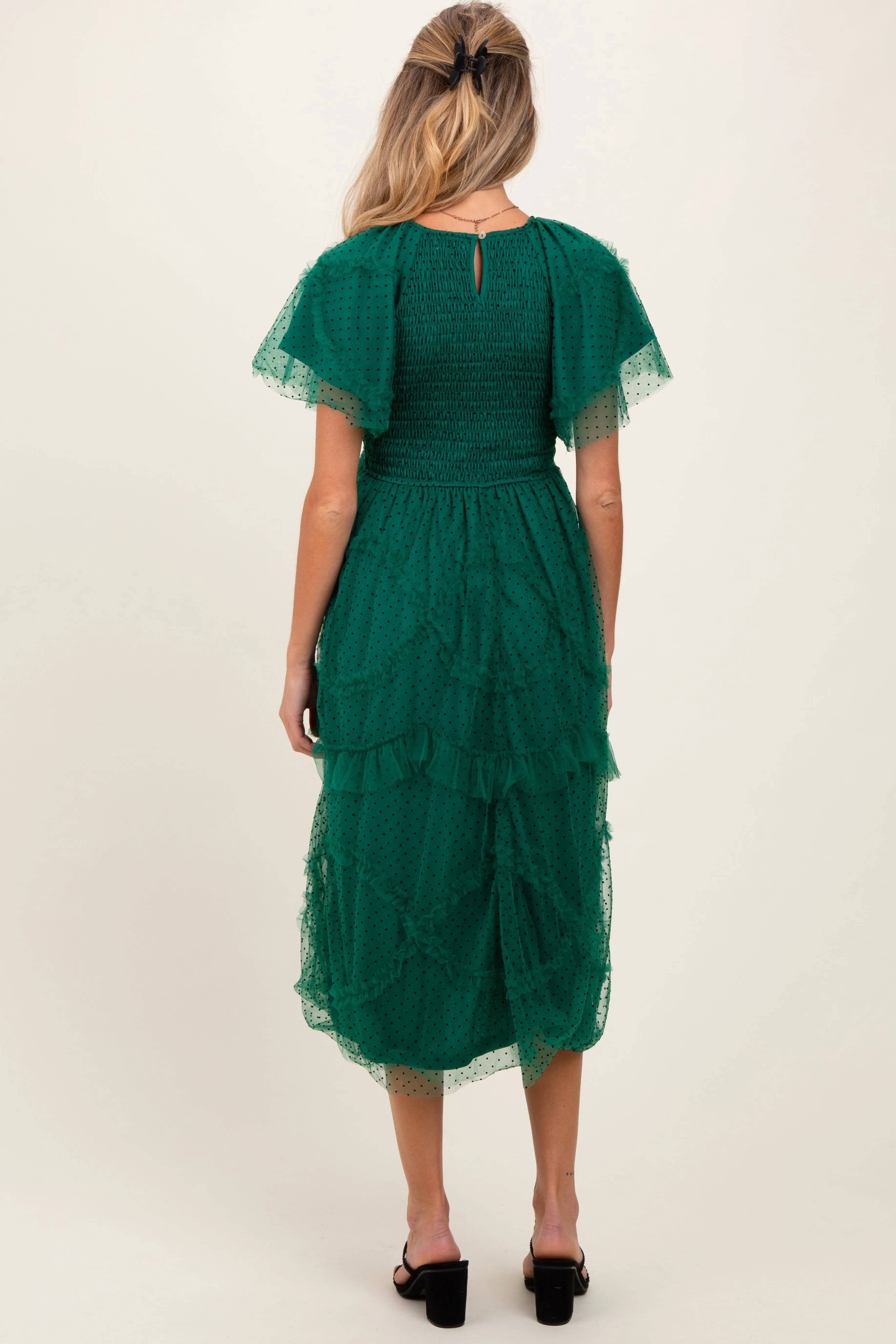 Hunter Green Smocked Ruffled Mesh Maternity Midi Dress sold by Pinkblush product image thumbnail 3