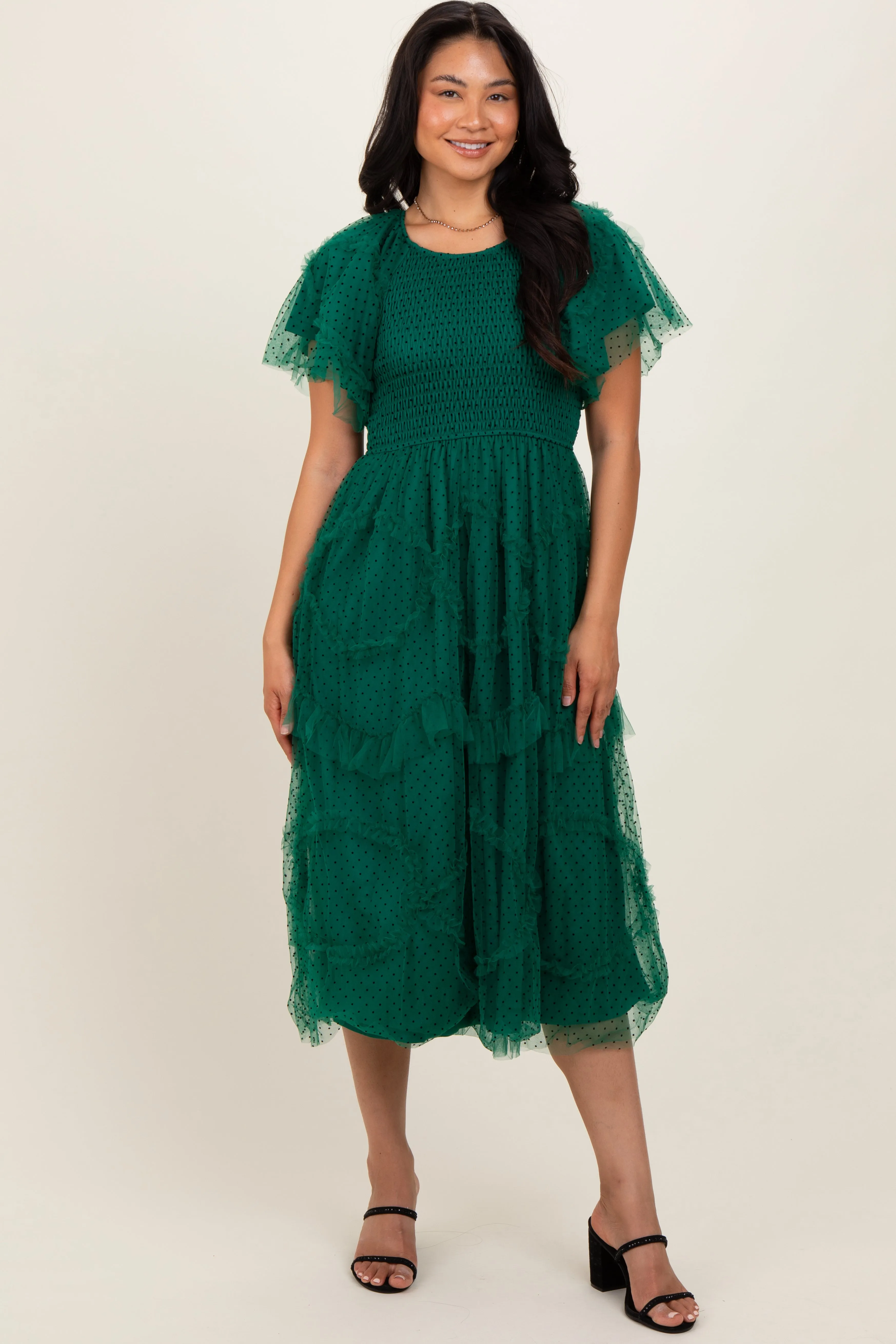 Hunter Green Smocked Ruffled Mesh Maternity Midi Dress sold by Pinkblush product image thumbnail 4