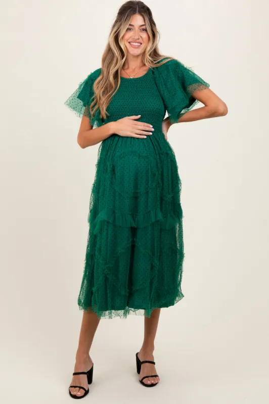 Hunter Green Smocked Ruffled Mesh Maternity Midi Dress sold by Pinkblush