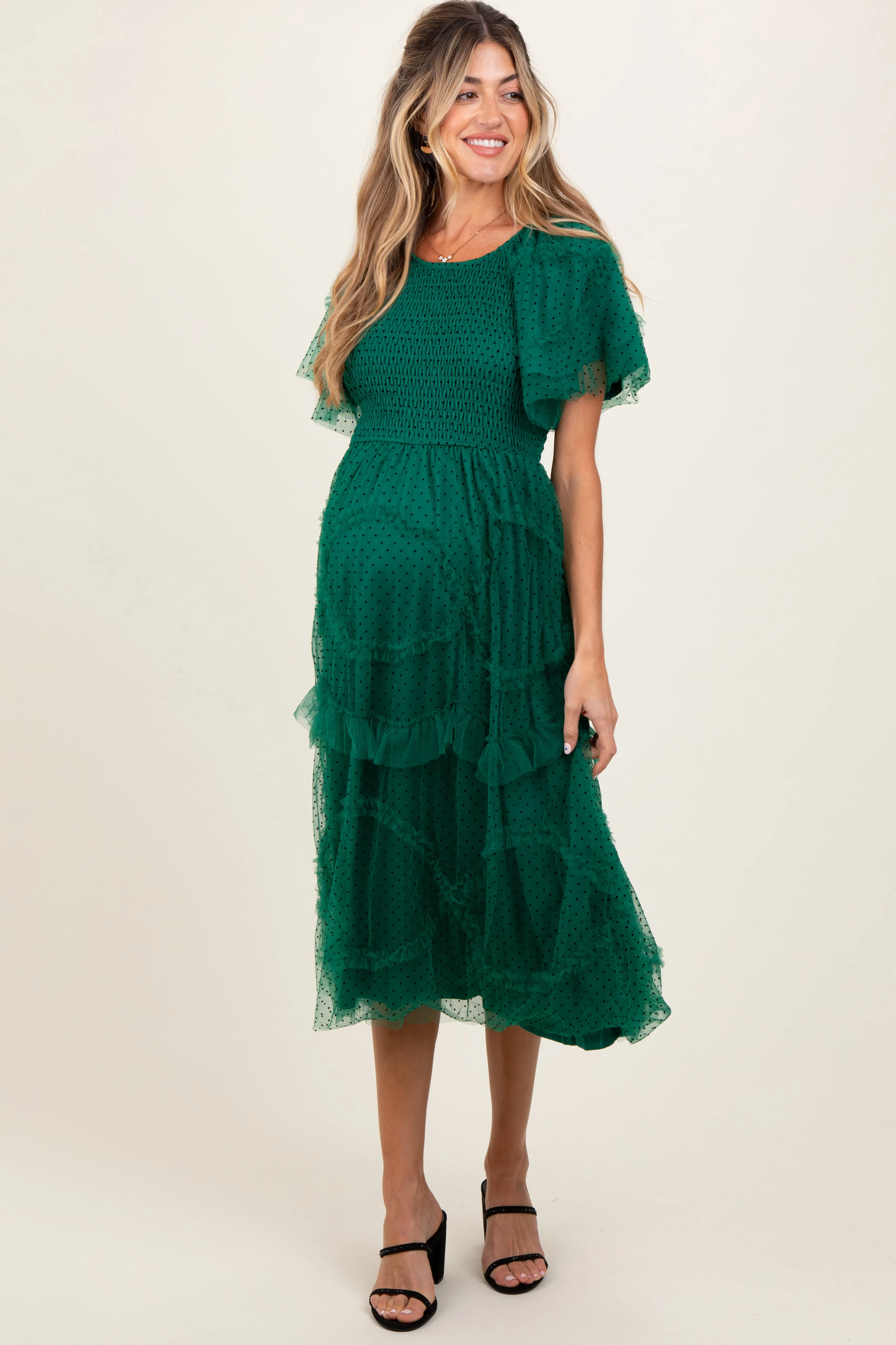 Hunter Green Smocked Ruffled Mesh Maternity Midi Dress sold by Pinkblush product image thumbnail 2