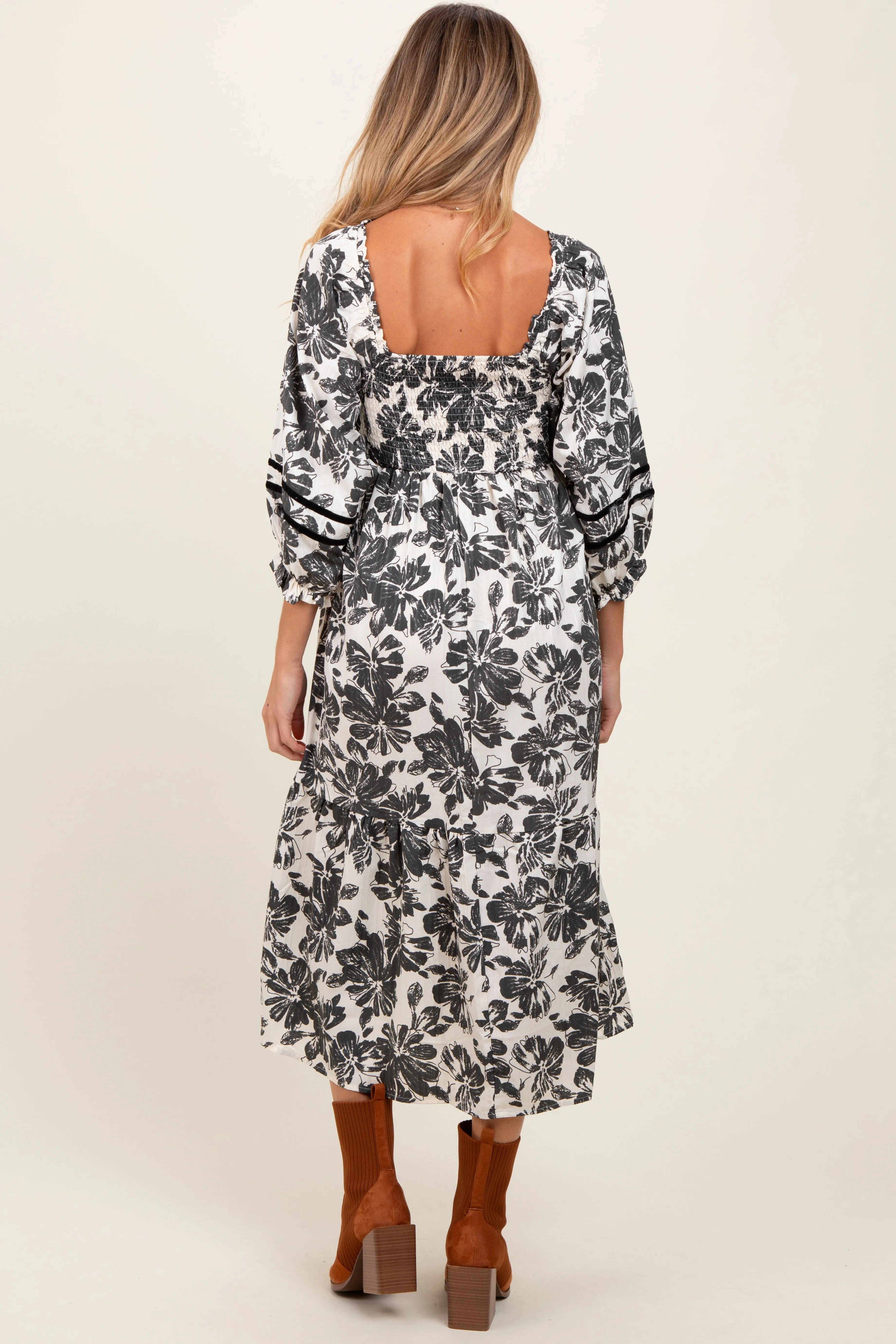 Cream Floral Smocked 3/4 Sleeve Tiered Maternity Midi Dress sold by Pinkblush product image thumbnail 4
