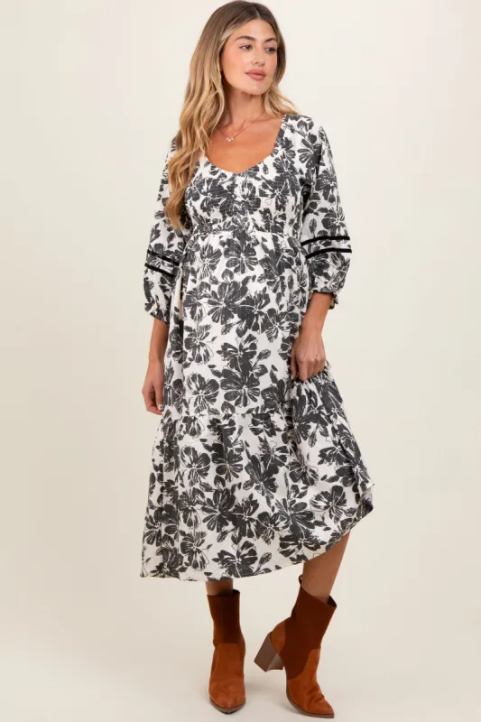 Cream Floral Smocked 3/4 Sleeve Tiered Maternity Midi Dress sold by Pinkblush
