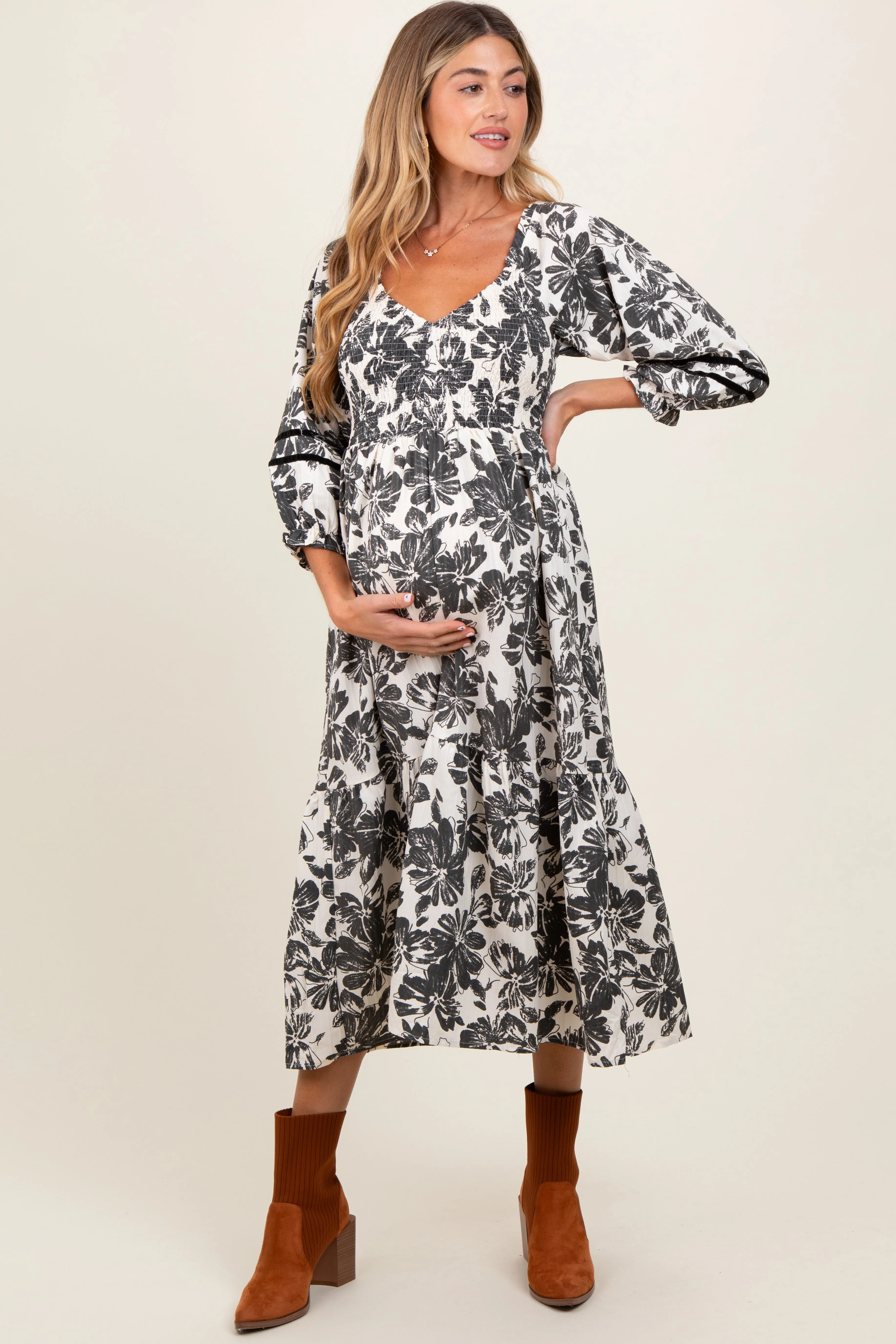 Cream Floral Smocked 3/4 Sleeve Tiered Maternity Midi Dress sold by Pinkblush product image thumbnail 2