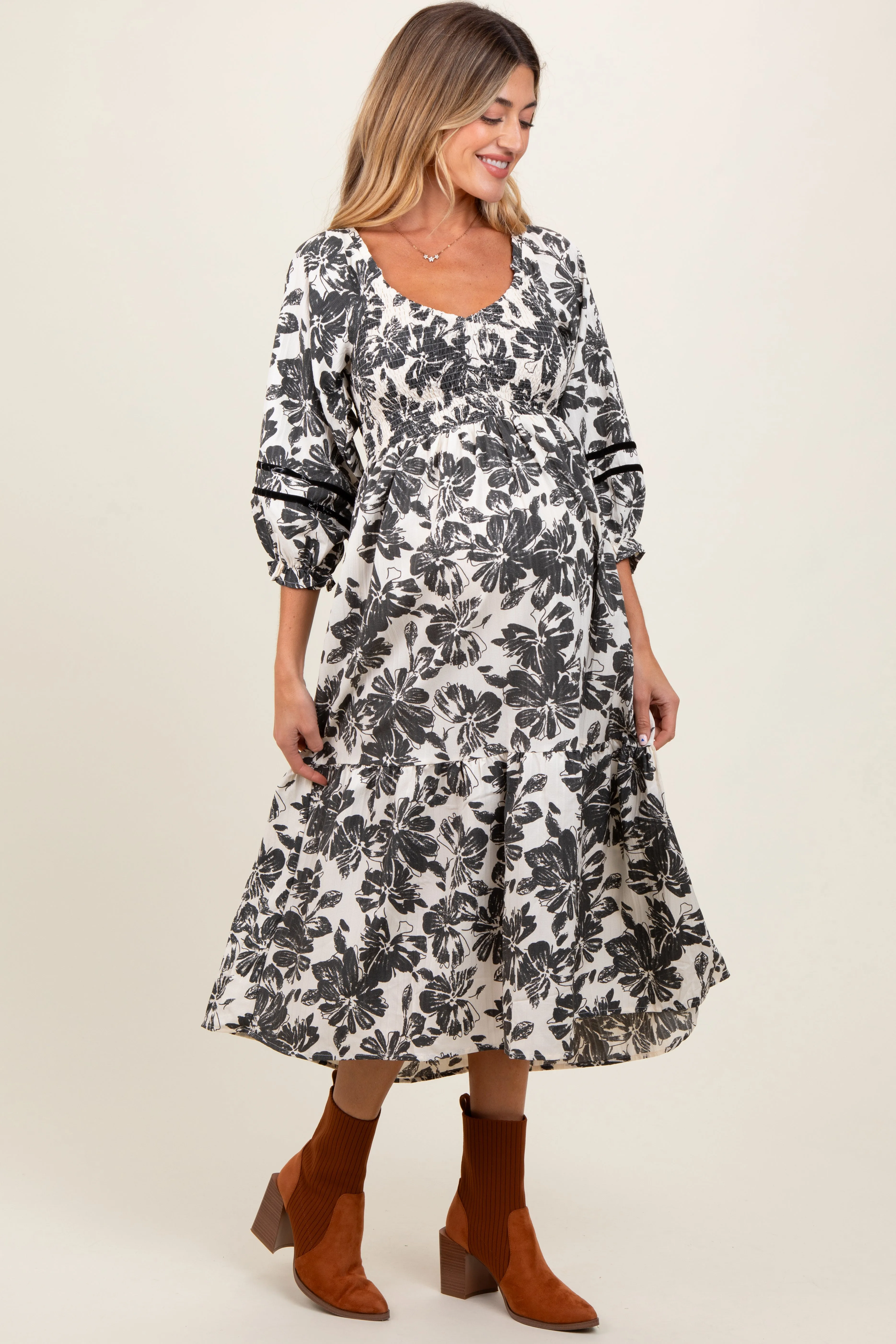 Cream Floral Smocked 3/4 Sleeve Tiered Maternity Midi Dress sold by Pinkblush product image thumbnail 3