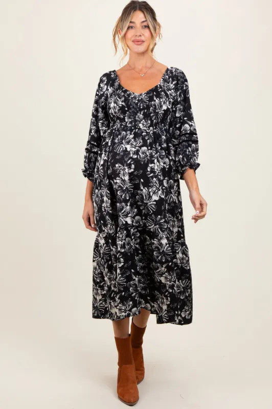 Black Floral Smocked 3/4 Sleeve Tiered Maternity Midi Dress sold by Pinkblush