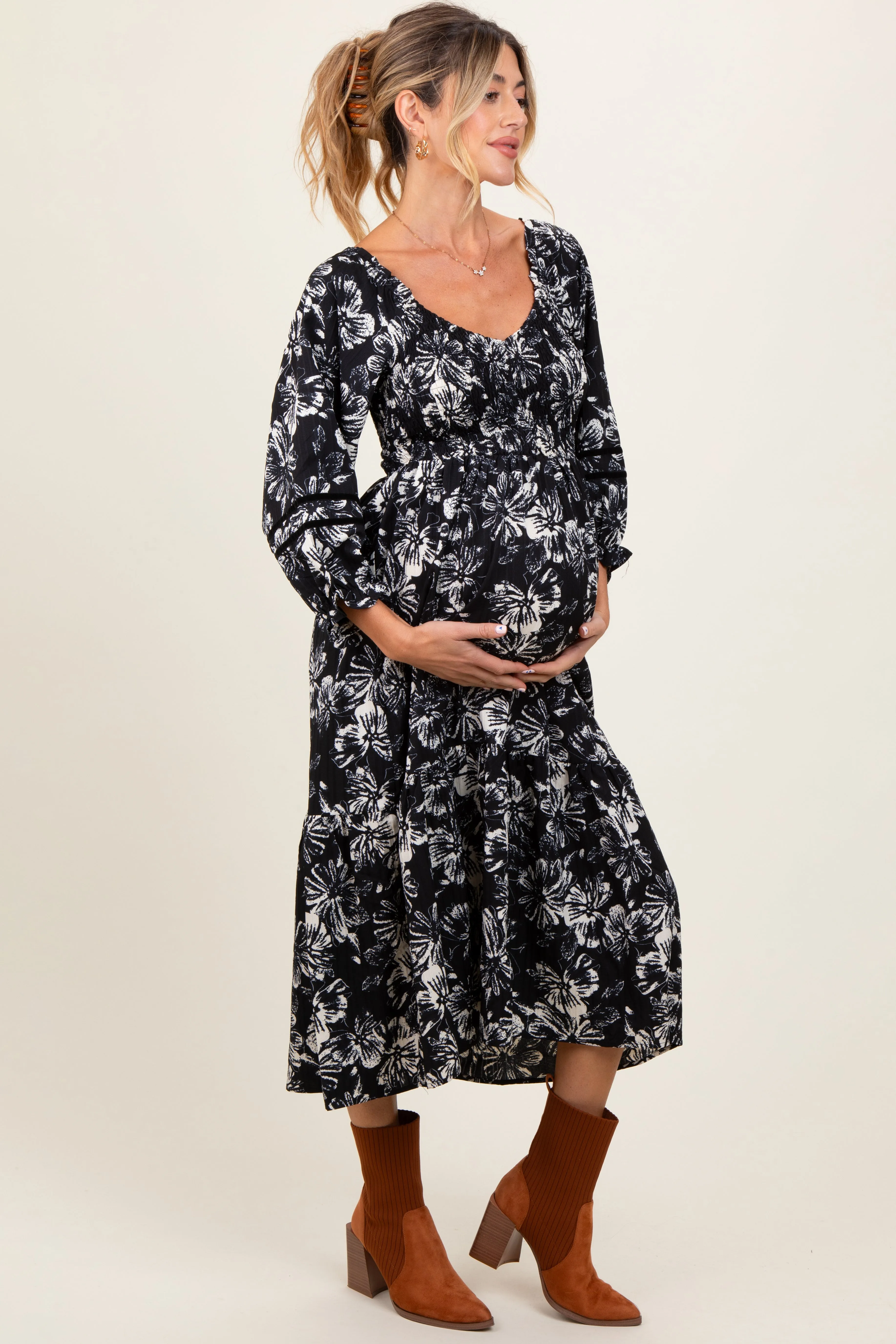 Black Floral Smocked 3/4 Sleeve Tiered Maternity Midi Dress sold by Pinkblush product image thumbnail 2