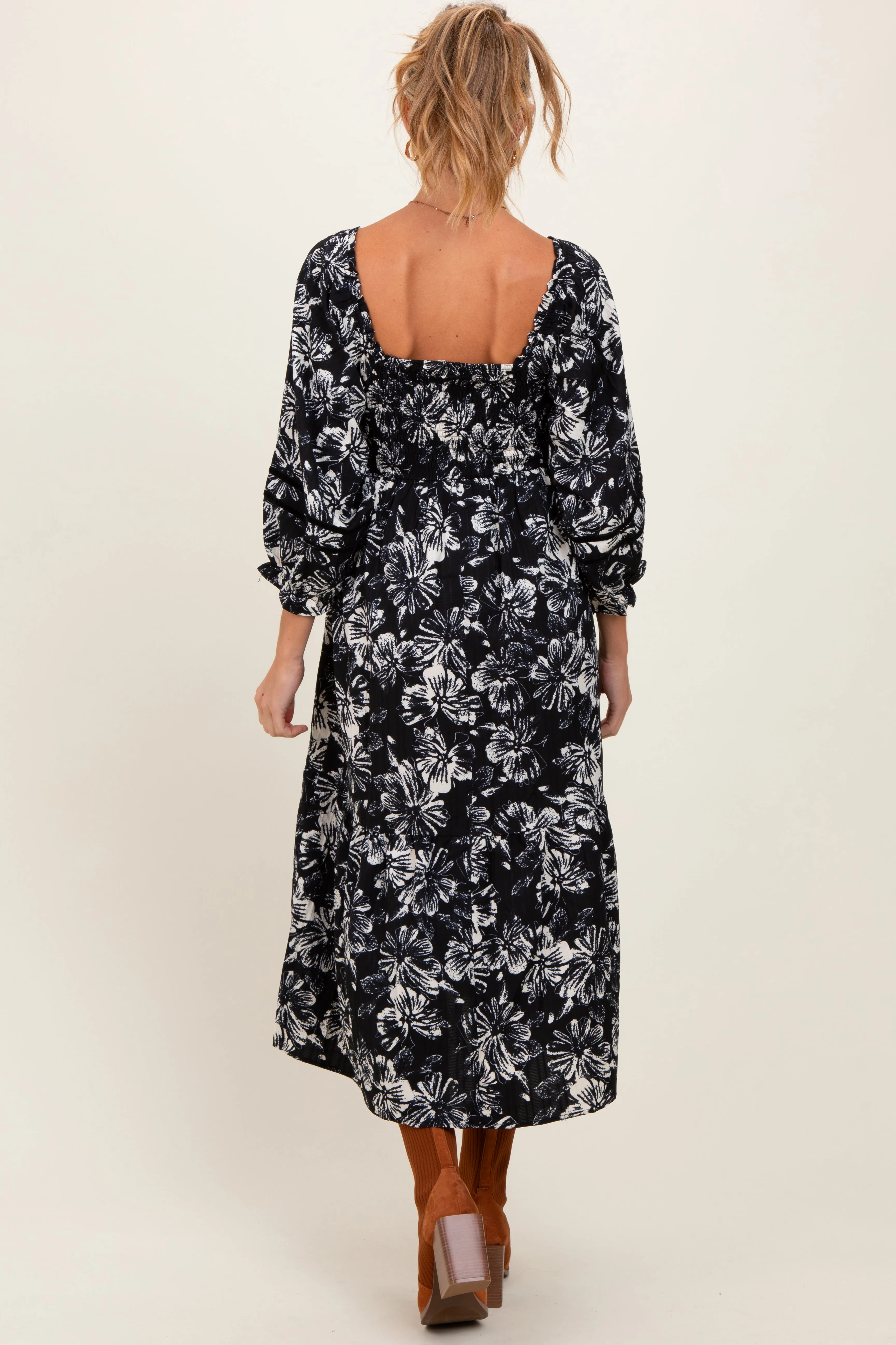 Black Floral Smocked 3/4 Sleeve Tiered Maternity Midi Dress sold by Pinkblush product image thumbnail 3