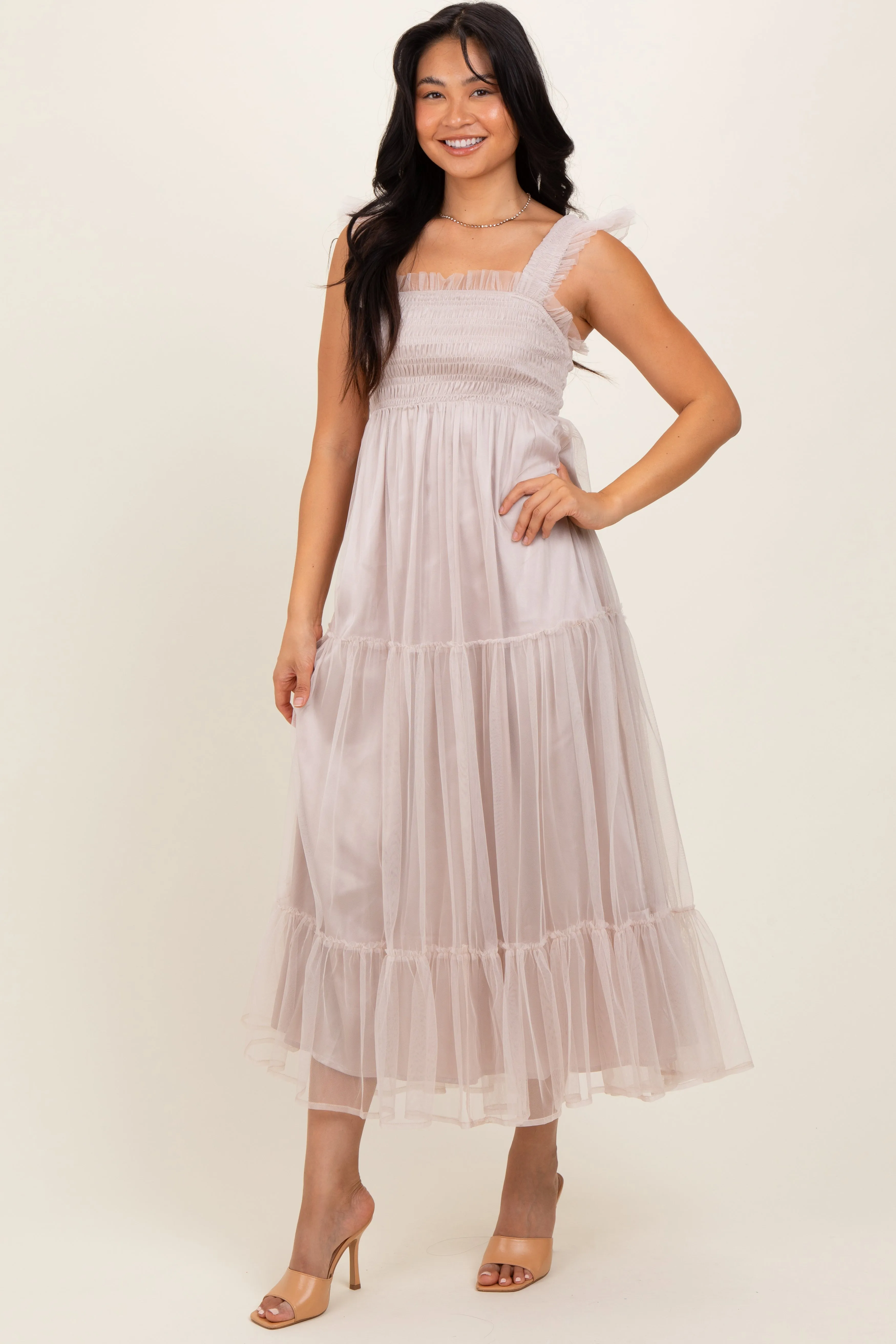 Beige Mesh Overlay Smocked Midi Dress sold by Pinkblush product image thumbnail 3