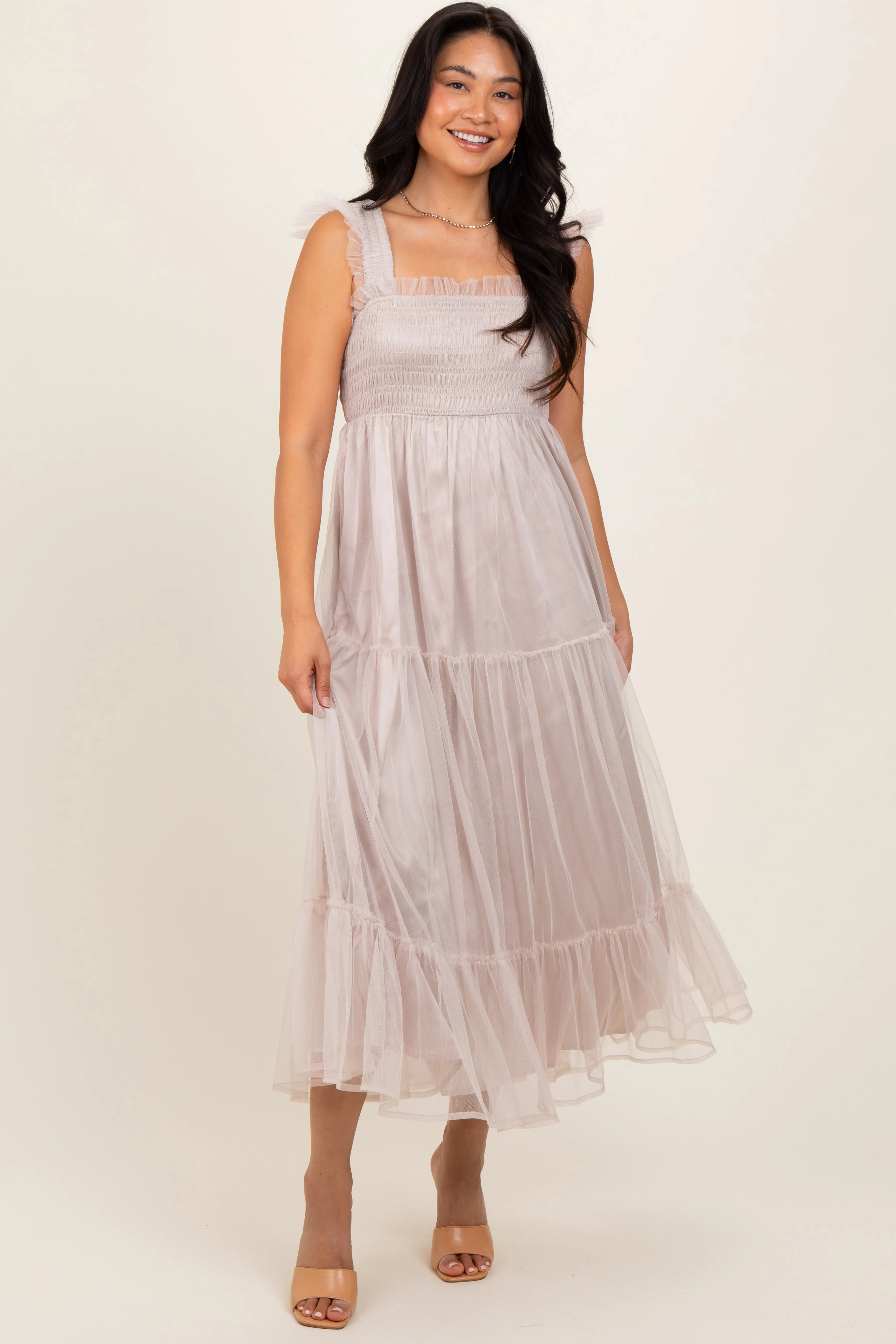 Beige Mesh Overlay Smocked Midi Dress sold by Pinkblush