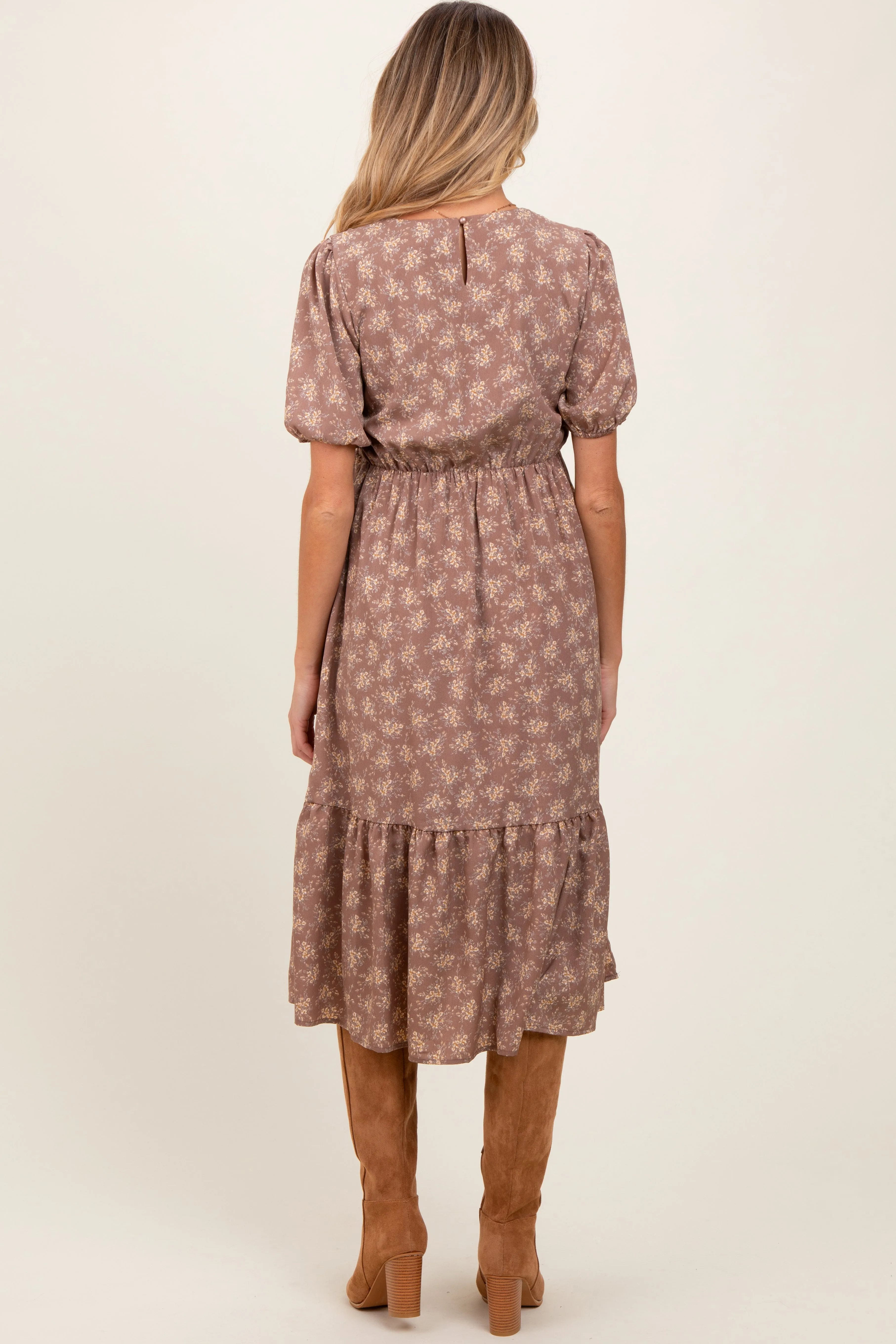 Mocha Floral Puff Sleeve Smocked Maternity Midi Dress sold by Pinkblush product image thumbnail 4