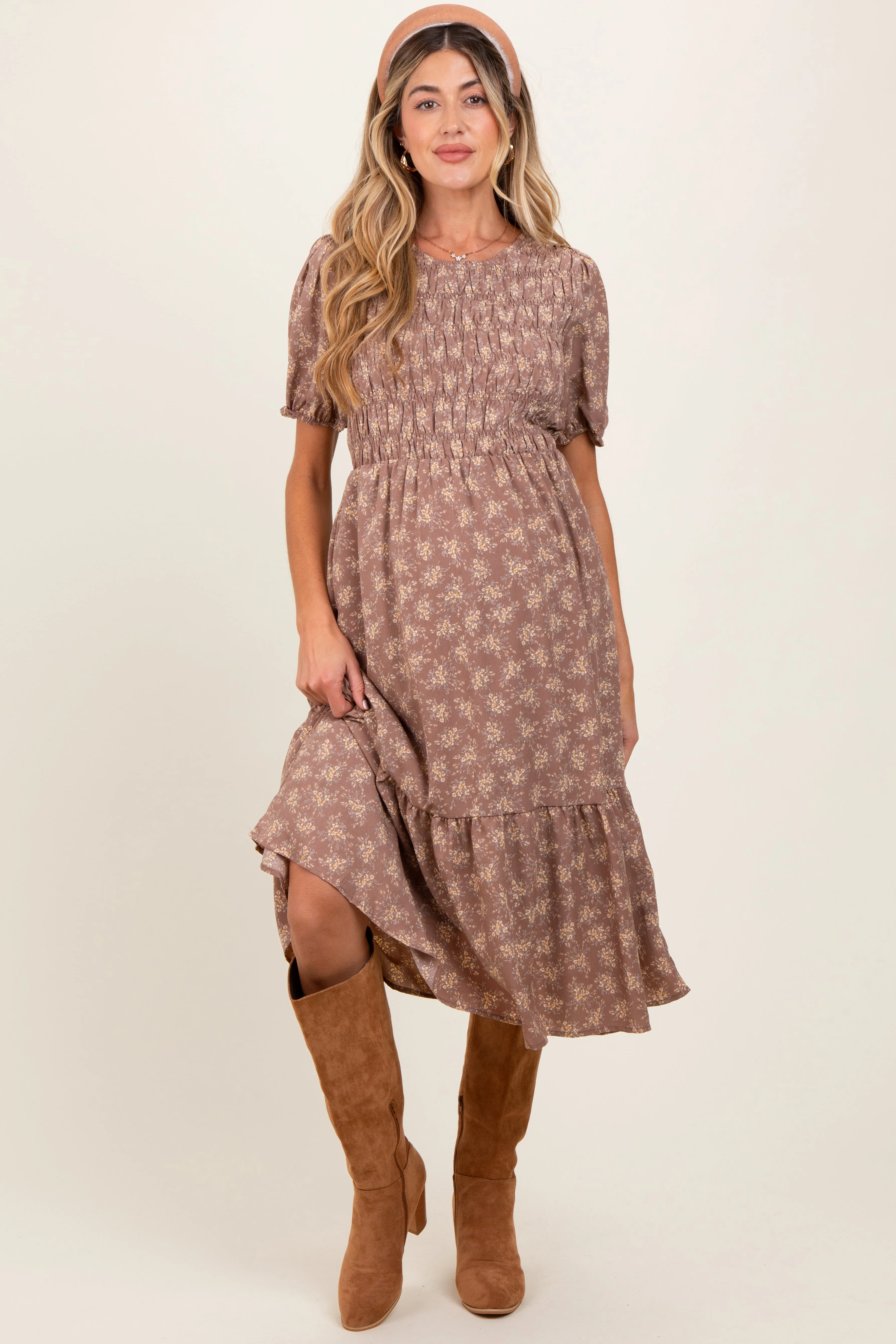 Mocha Floral Puff Sleeve Smocked Maternity Midi Dress sold by Pinkblush