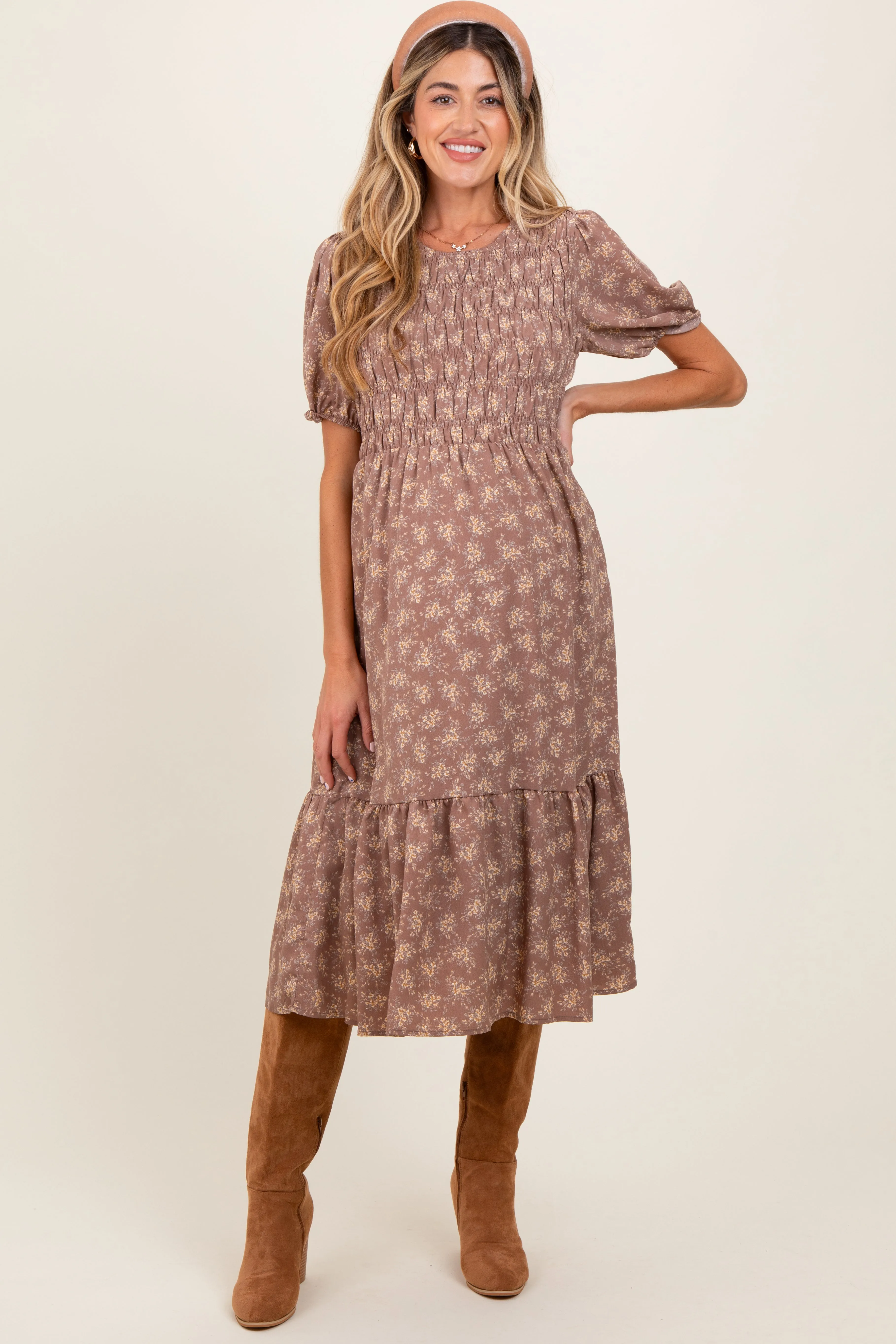 Mocha Floral Puff Sleeve Smocked Maternity Midi Dress sold by Pinkblush product image thumbnail 2