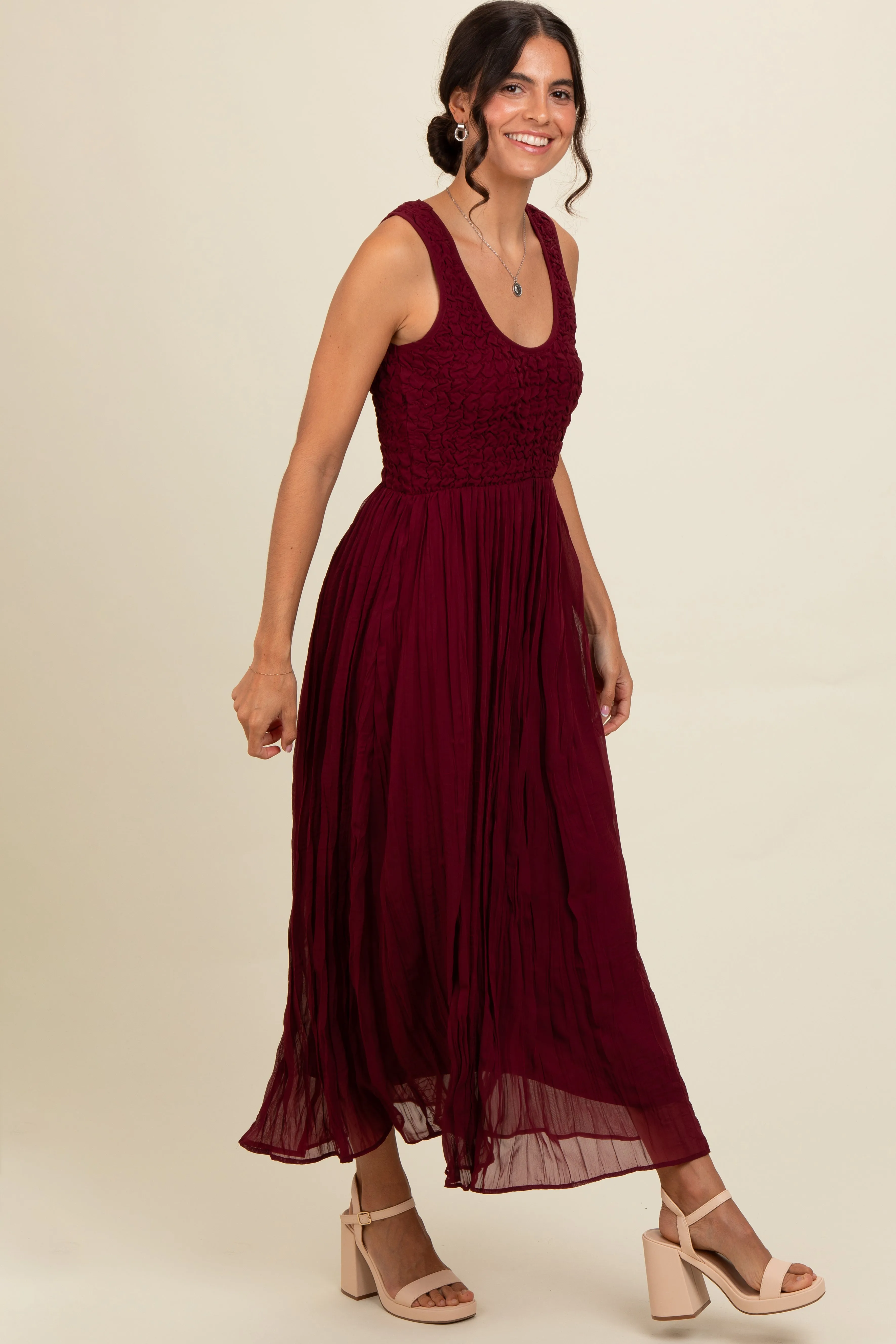 Burgundy Textured Smocked Bodice Sleeveless Maxi Dress sold by Pinkblush product image thumbnail 2