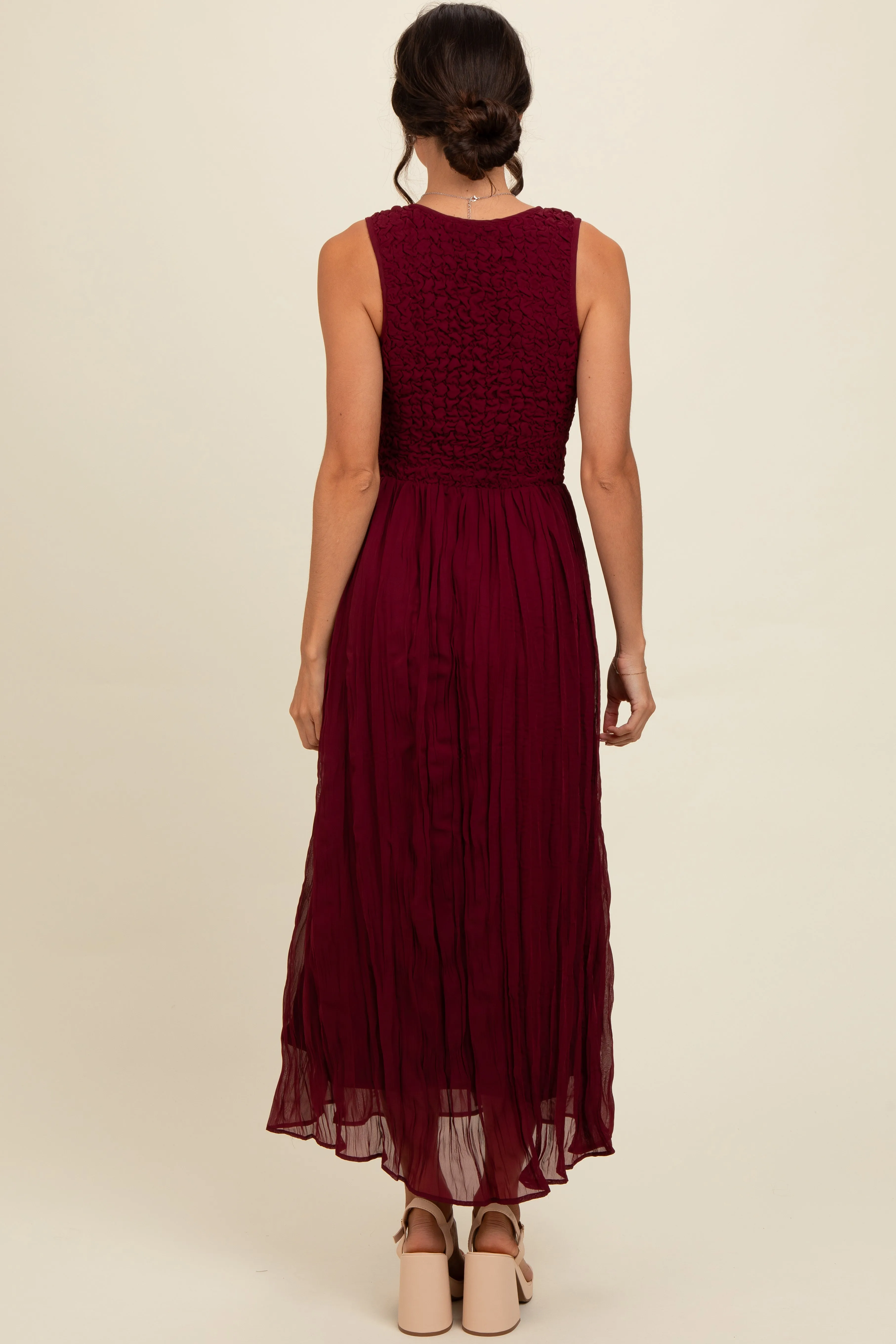 Burgundy Textured Smocked Bodice Sleeveless Maxi Dress sold by Pinkblush product image thumbnail 3