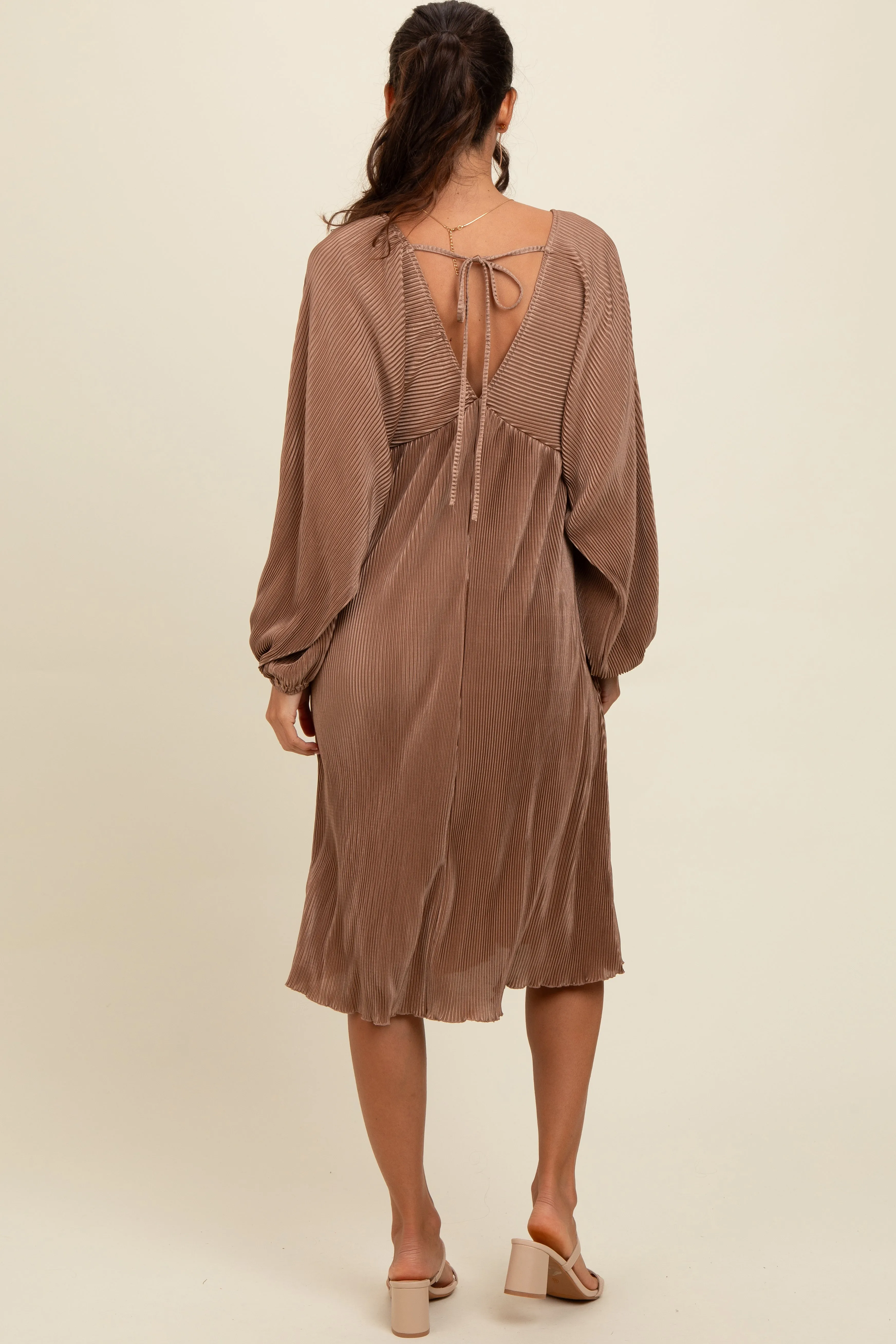 Mocha Pleated Deep V-Neck Midi Dress sold by Pinkblush product image thumbnail 2