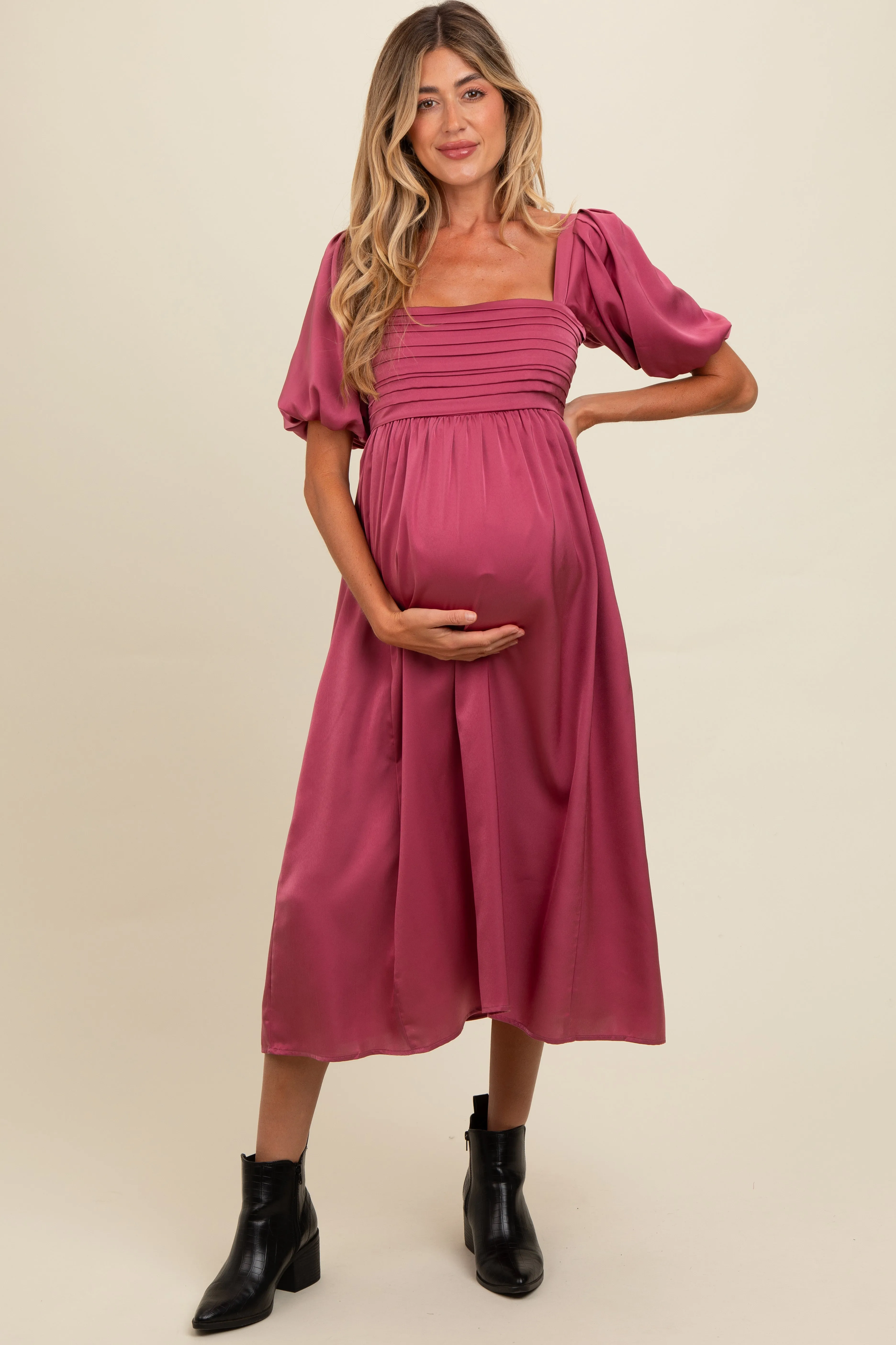 Mauve Satin Pleated Bodice Puff Sleeve Maternity Midi Dress sold by Pinkblush product image thumbnail 2